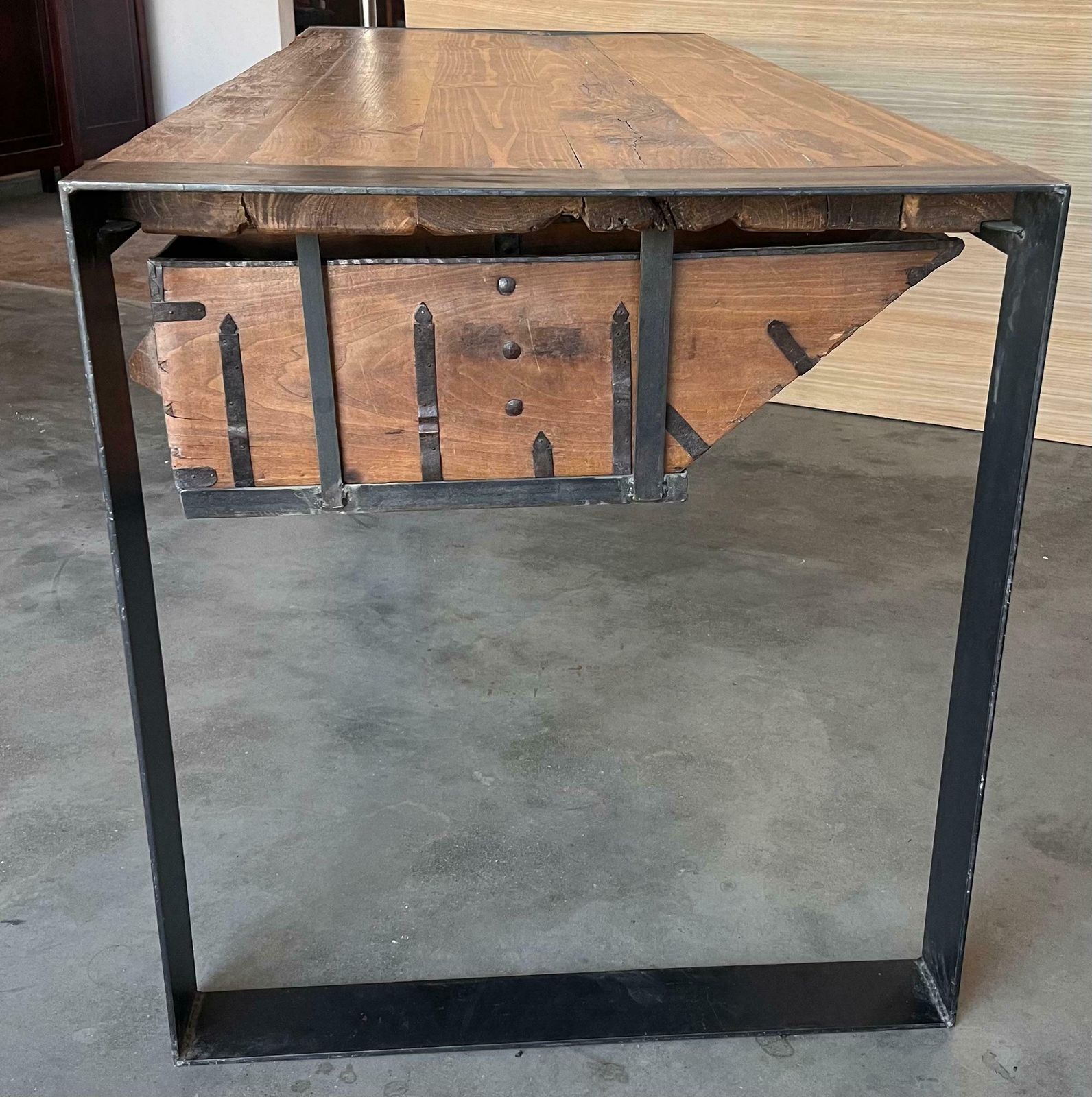 photo furniture Antique Oak Kitchen Island, Butcher Block, Industrial Work Table Cast Iron