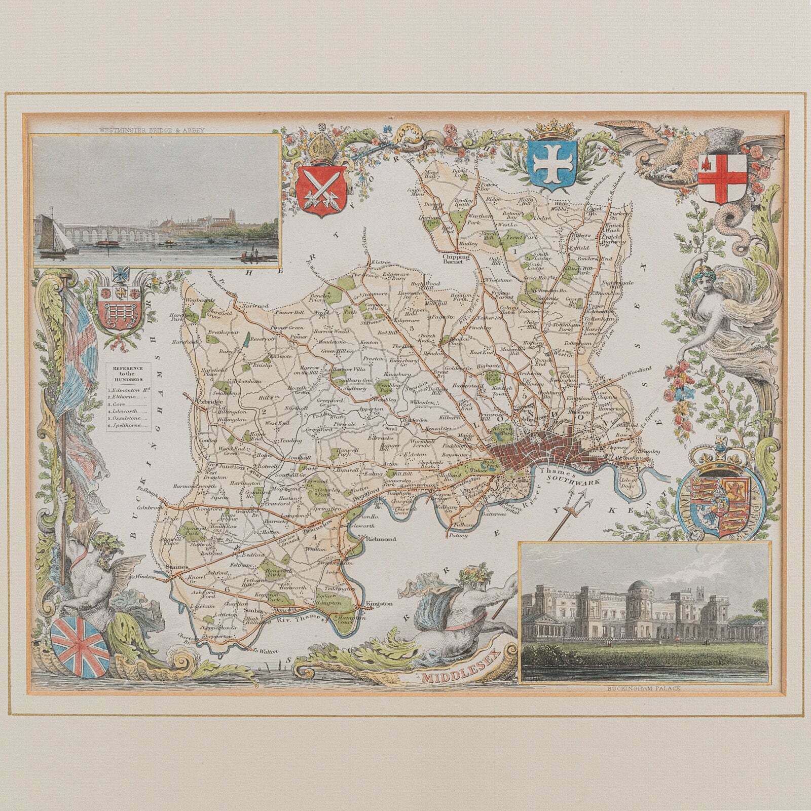 Antique County Map, Middlesex, English, Framed, Litho, Cartography, Victorian photo Art