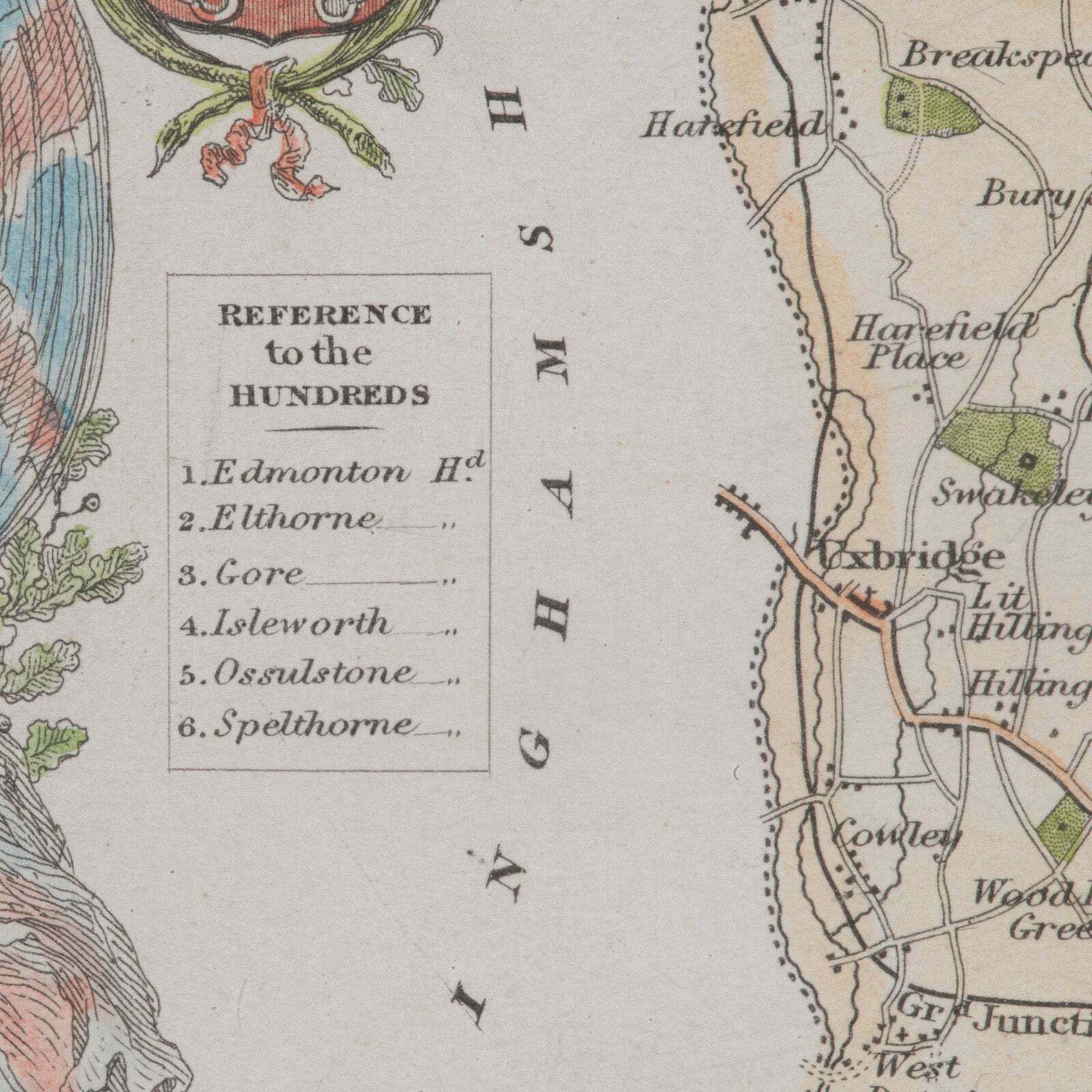 Antique County Map, Middlesex, English, Framed, Litho, Cartography, Victorian photo vintage