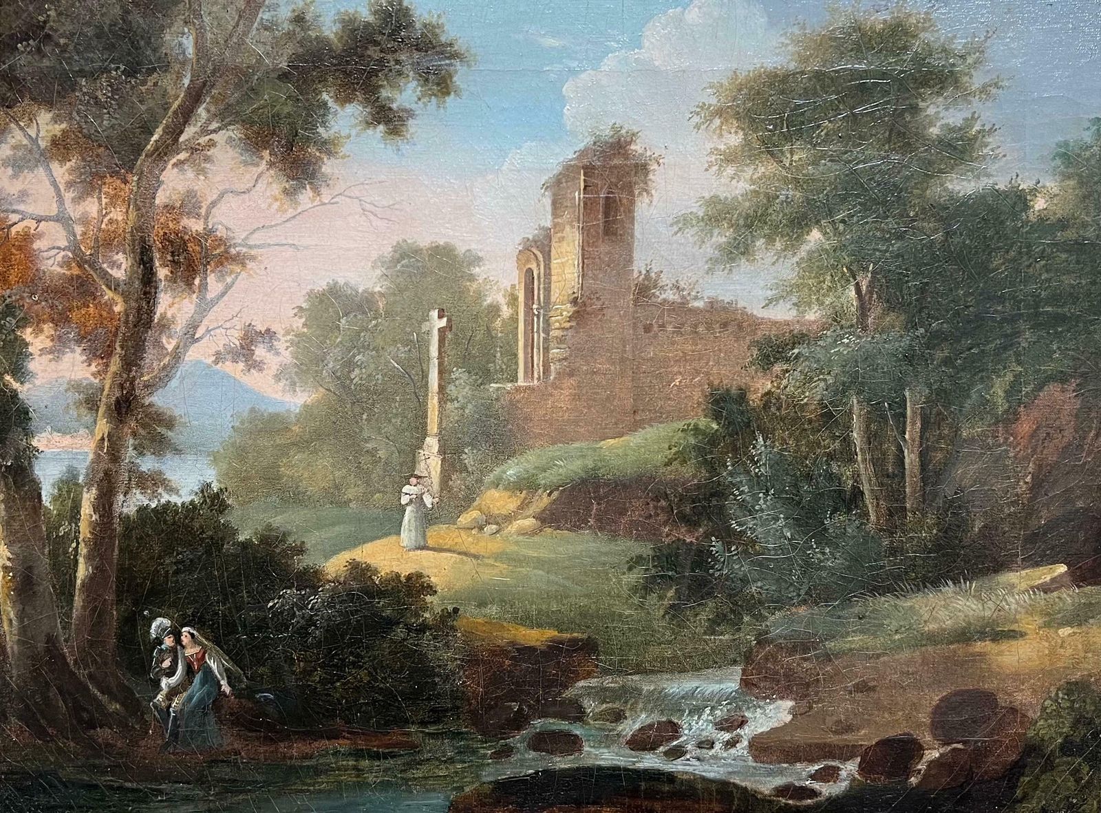 French Schoolfine 1800's French Oil  Figures By Monastic Ruins Stream Bucolic Landscape1800's photo furniture