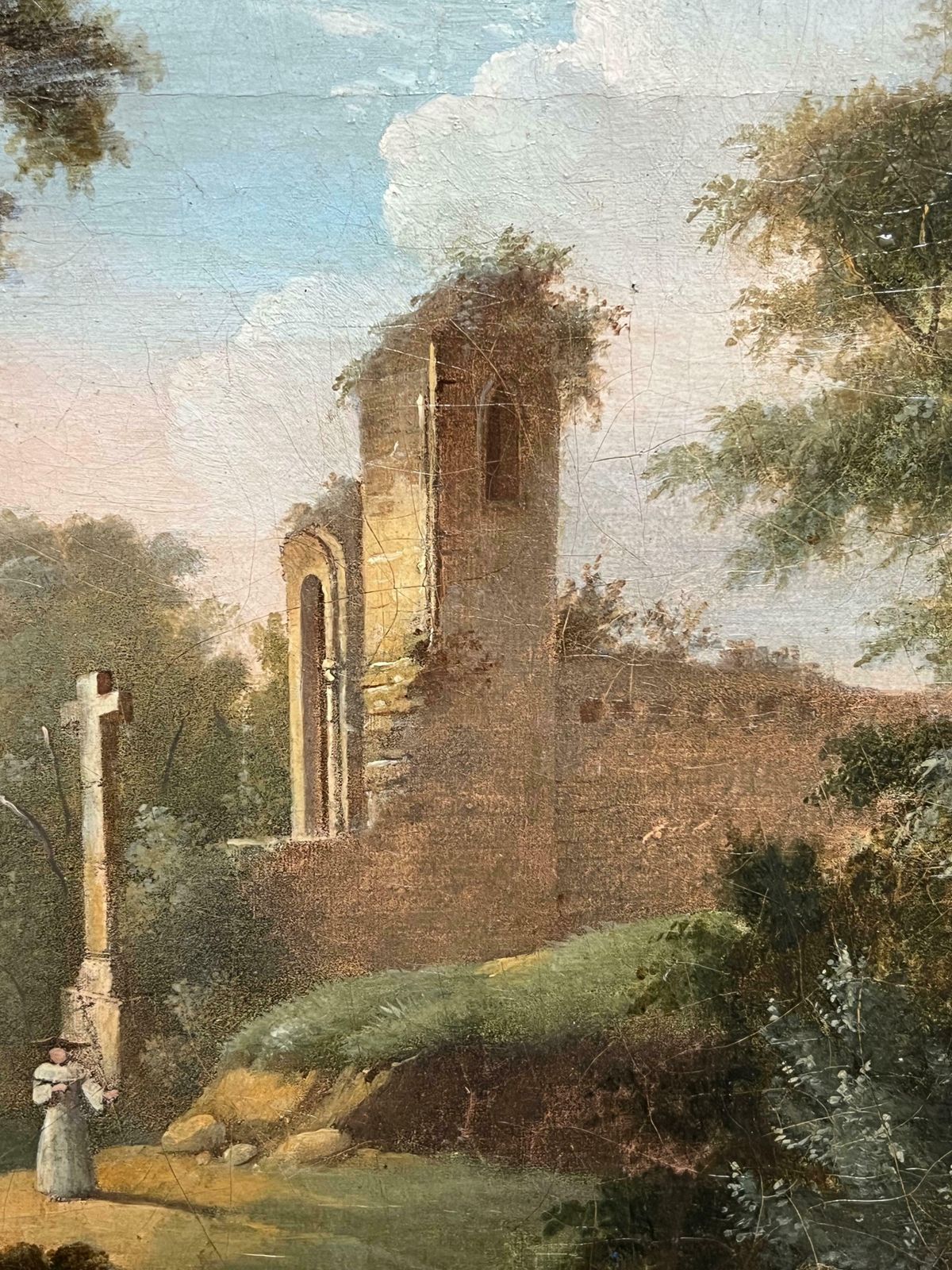 French Schoolfine 1800's French Oil  Figures By Monastic Ruins Stream Bucolic Landscape1800's photo for sale
