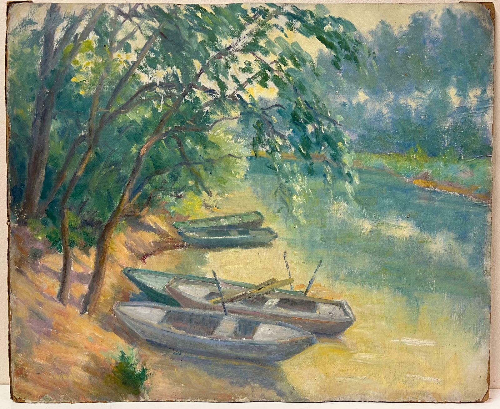 Regine Davidresting Rowboats By A Shaded Riverbank A Tranquil Waterway Scene With Lush Trees1950's photo 559.0