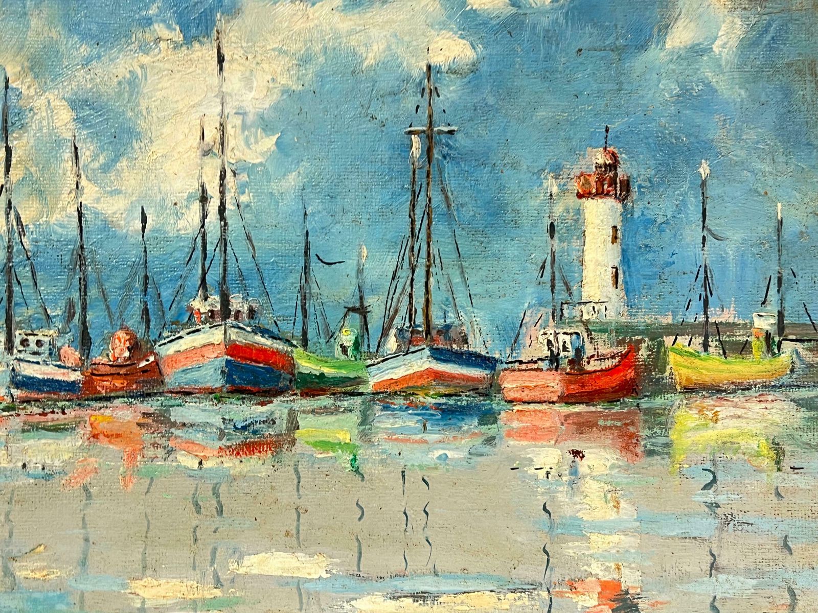 Fanch Lelcolorful Fishing Boats And Lighthouse Landscape Reflections On Calm Waters 20th Century photo Art