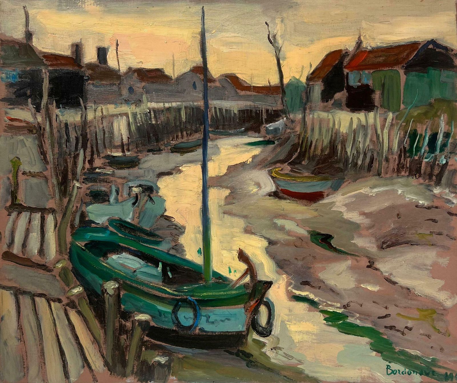Georges Bordonove1960's French Post Impressionist Painting Low Tide Estuary Creek Fishing Boats