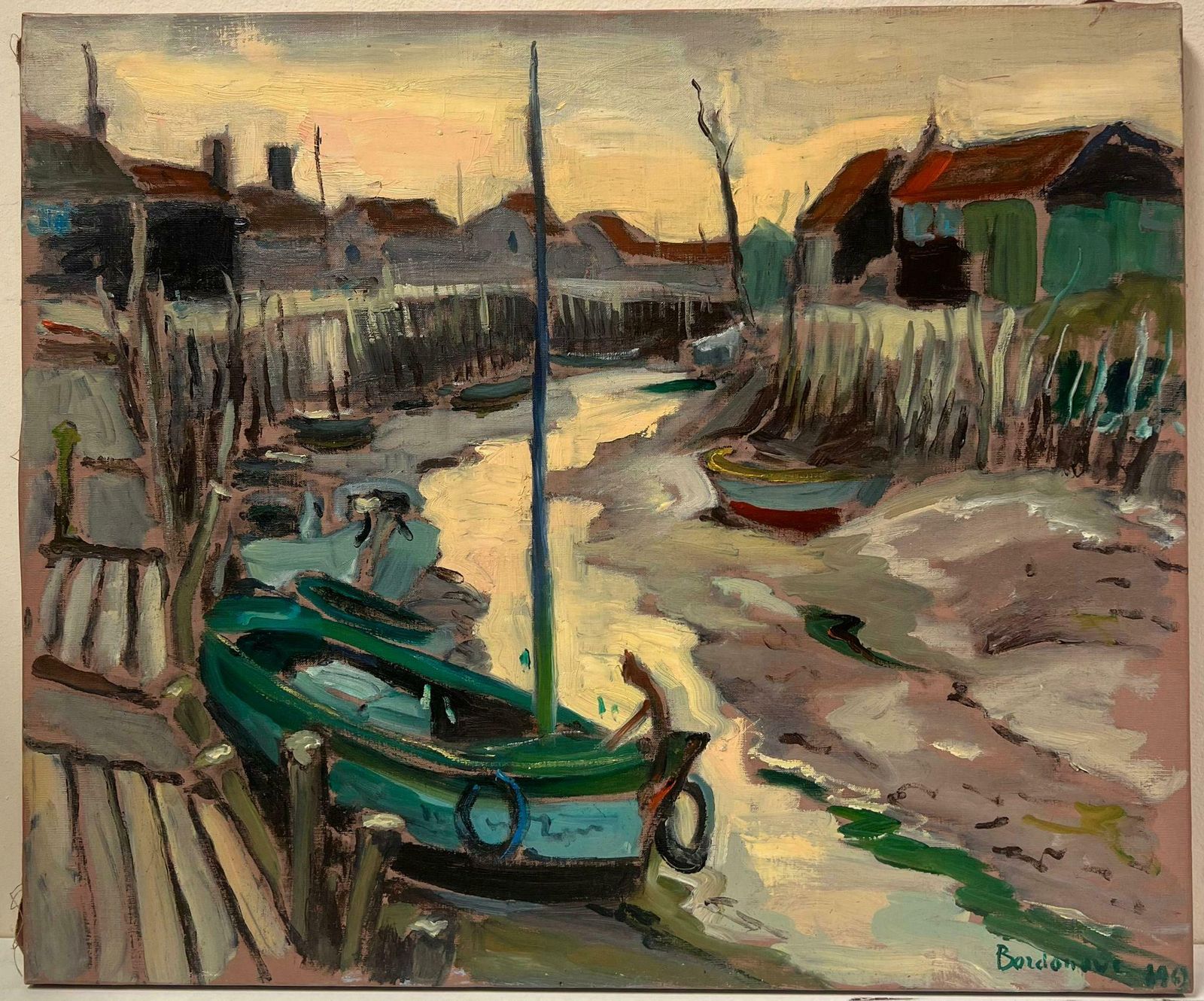 Georges Bordonove1960's French Post Impressionist Painting Low Tide Estuary Creek Fishing Boats photo furniture