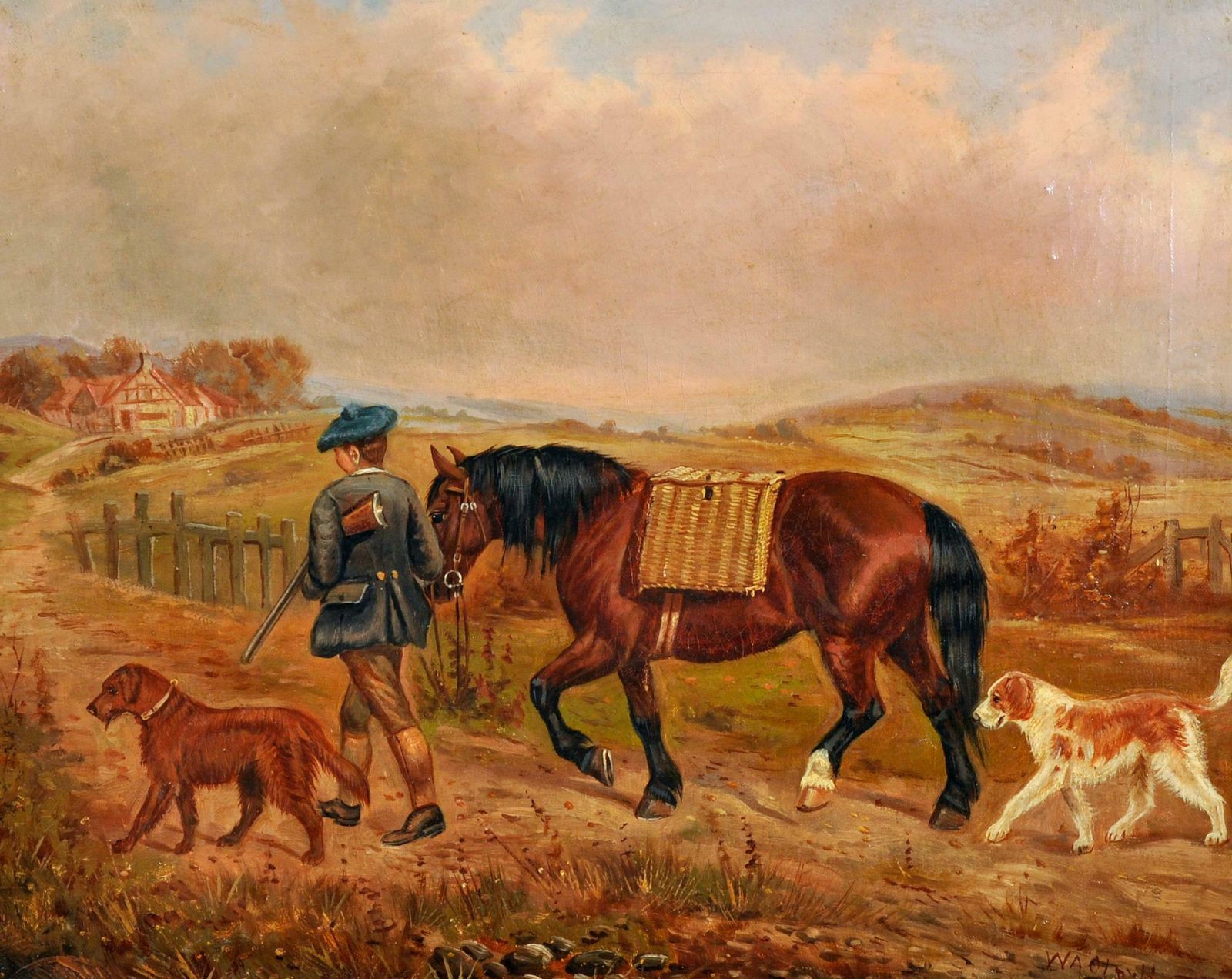 William Albert Clark (1880 1963antique British Sporting Oil Painting Horse & Dogs With Scottish Hunterc. 1920's