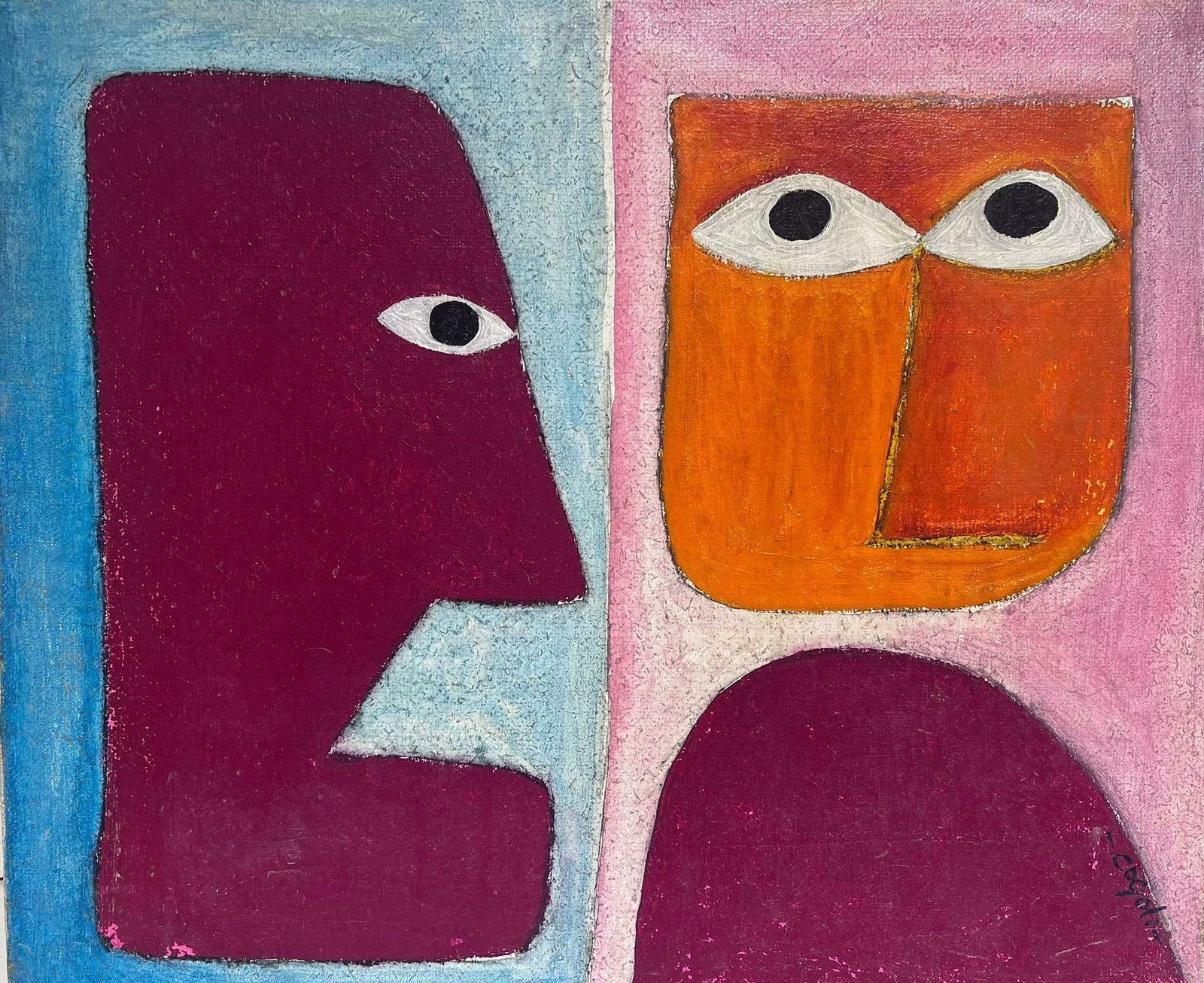 French School1970's French Abstract Modernist Signed Oil Figurative Portrait Oil Painting photo furniture