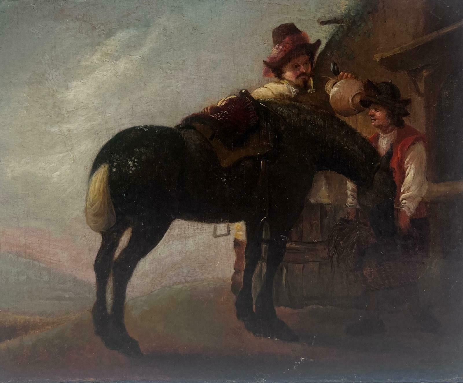 Dutch 17th Centuryfine 17th Century Dutch Oil Painting On Wood Panel Horse & Figures Resting photo furniture