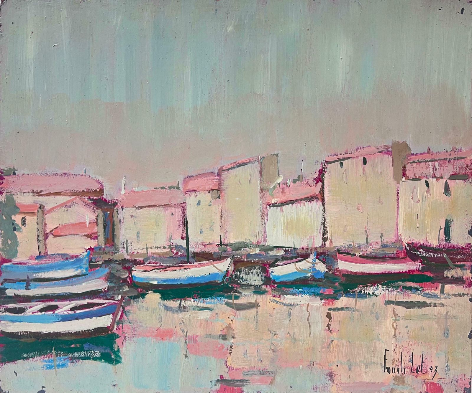 Fanch Lelpink Colourful Boats Moored In Sunlit Coastal Village At Dusk French Oil 20th Century photo furniture