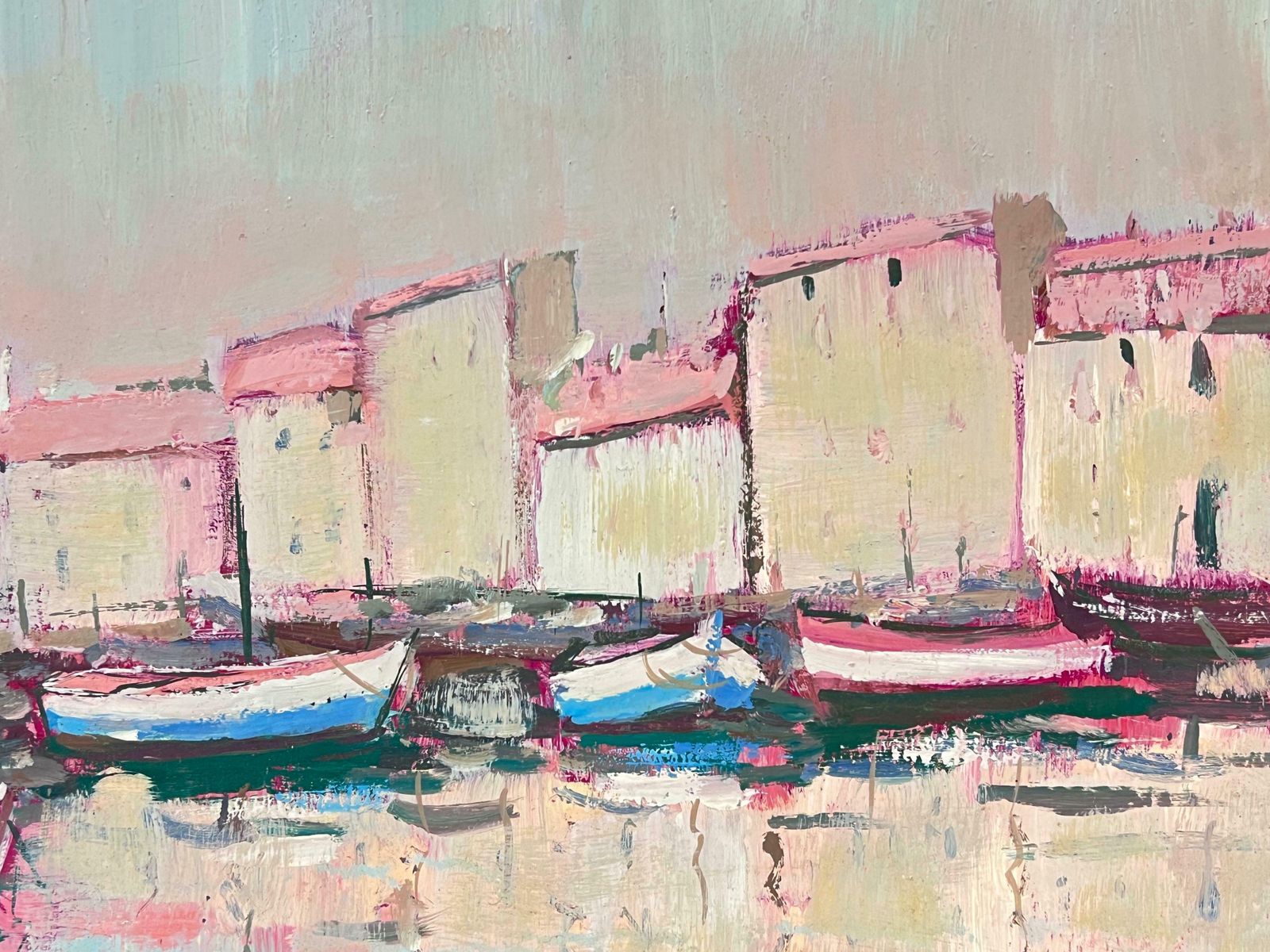 Fanch Lelpink Colourful Boats Moored In Sunlit Coastal Village At Dusk French Oil 20th Century photo 661.0