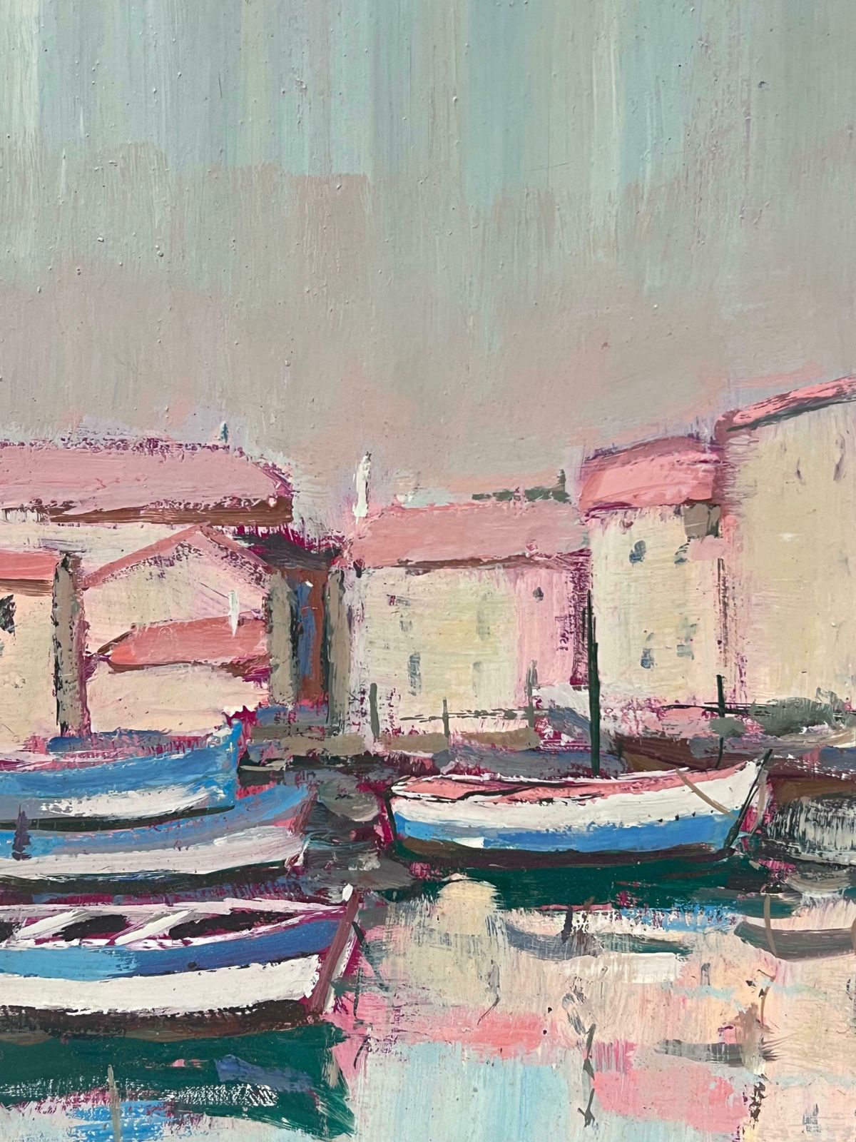 Fanch Lelpink Colourful Boats Moored In Sunlit Coastal Village At Dusk French Oil 20th Century photo vinterior