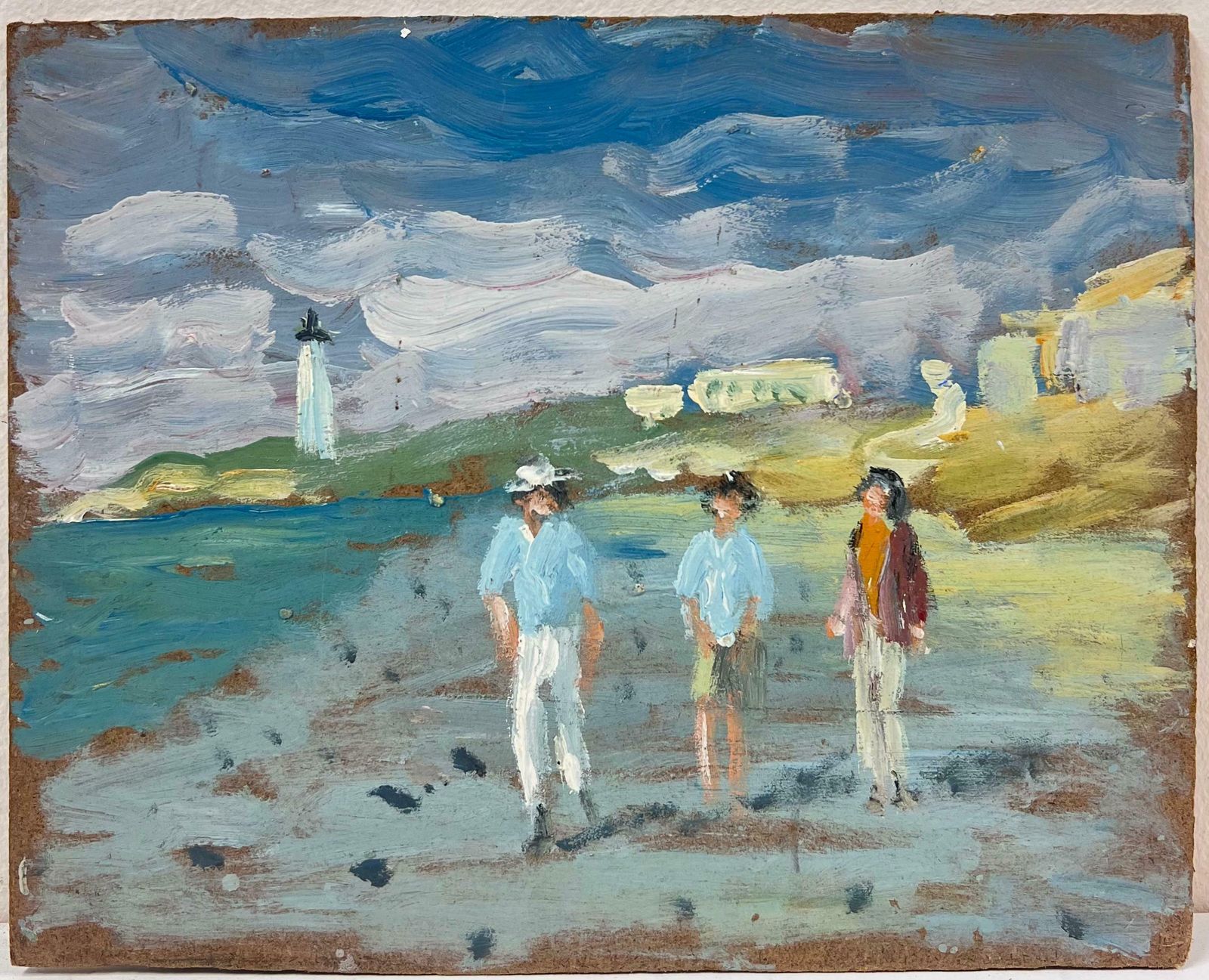Fanch Lelfigures Strolling On A Breezy Shoreline With A Lighthouse In The Distance Oil20th Century photo furniture