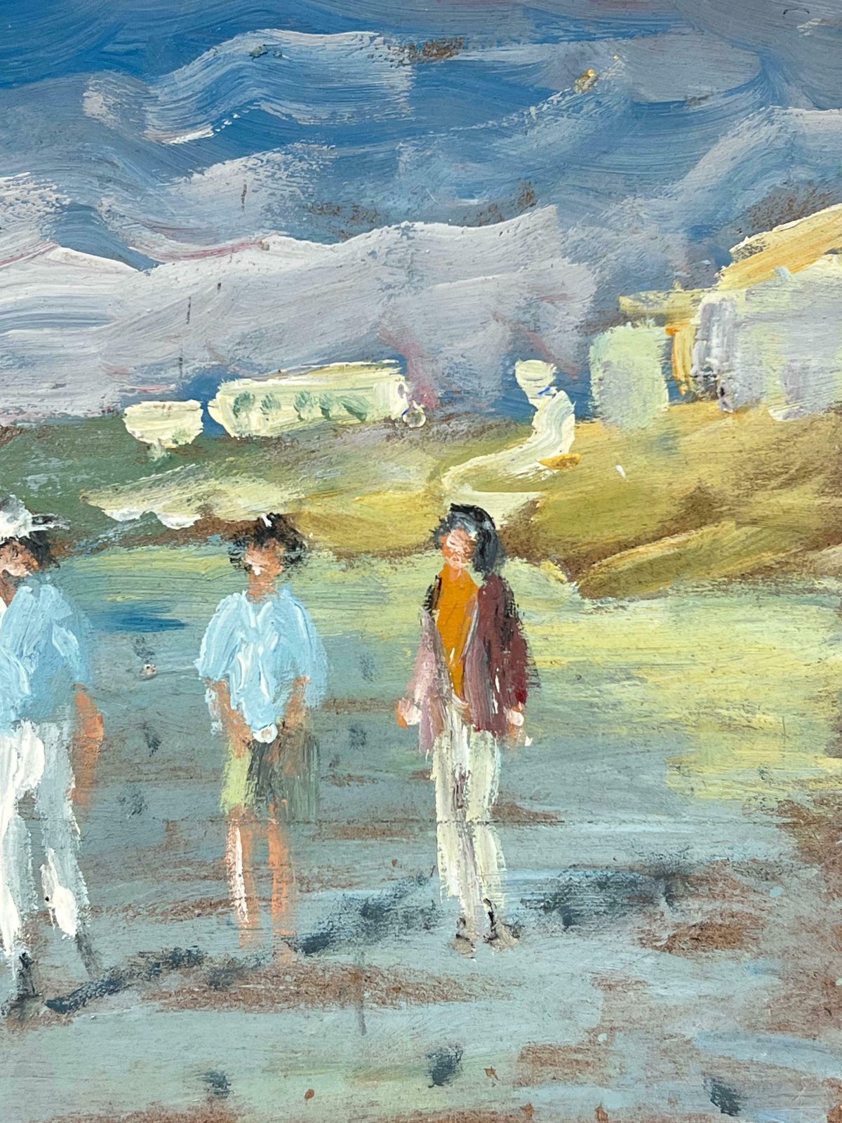 Fanch Lelfigures Strolling On A Breezy Shoreline With A Lighthouse In The Distance Oil20th Century photo for sale
