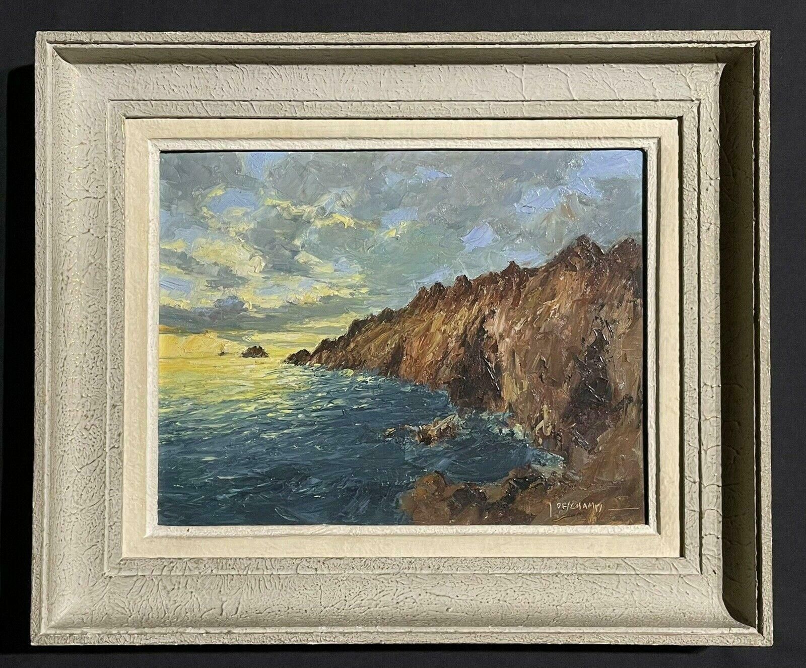 Unknownvintage French Signed Oil Sunset Over Coastal Rocky Coastline, Framed