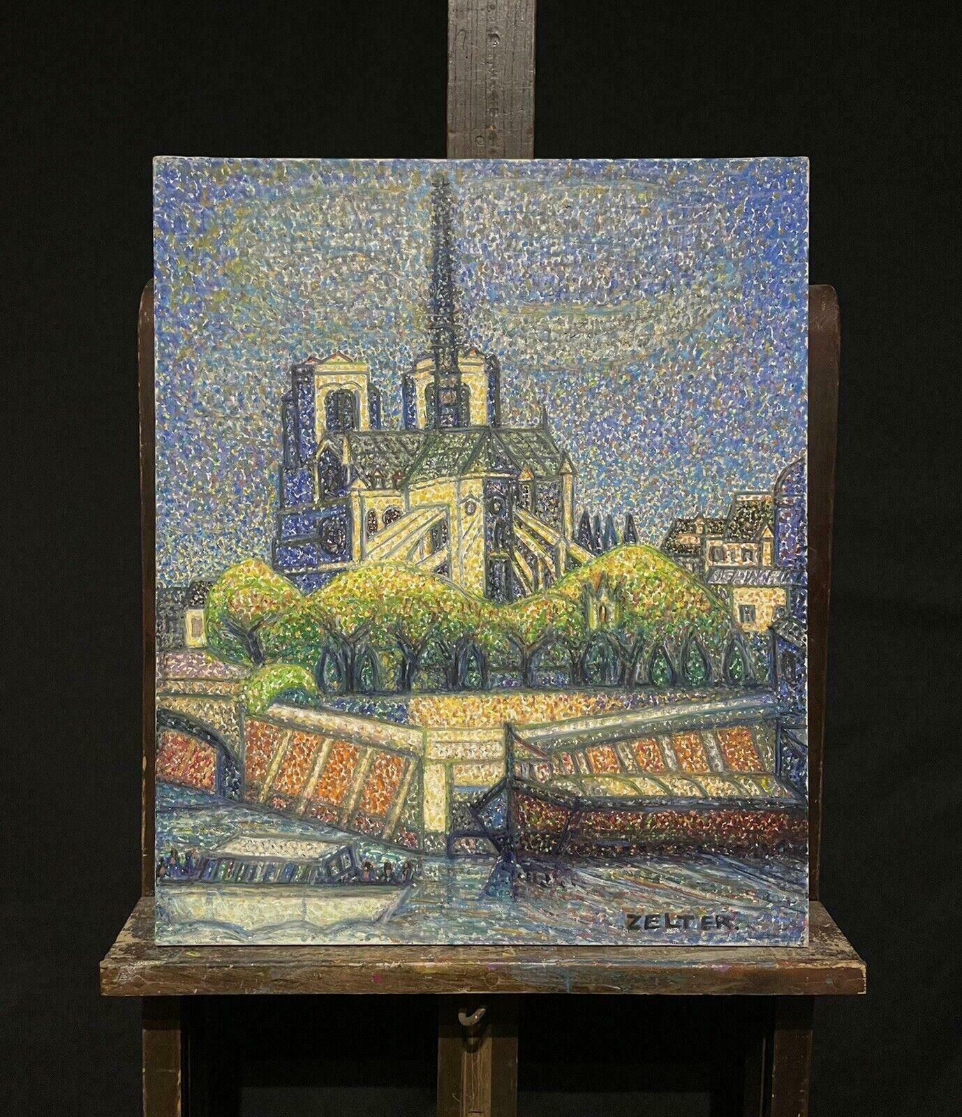 French Schoolpointillist School Oil Painting   Notre Dame River Seine Paris, Signed Original photo furniture