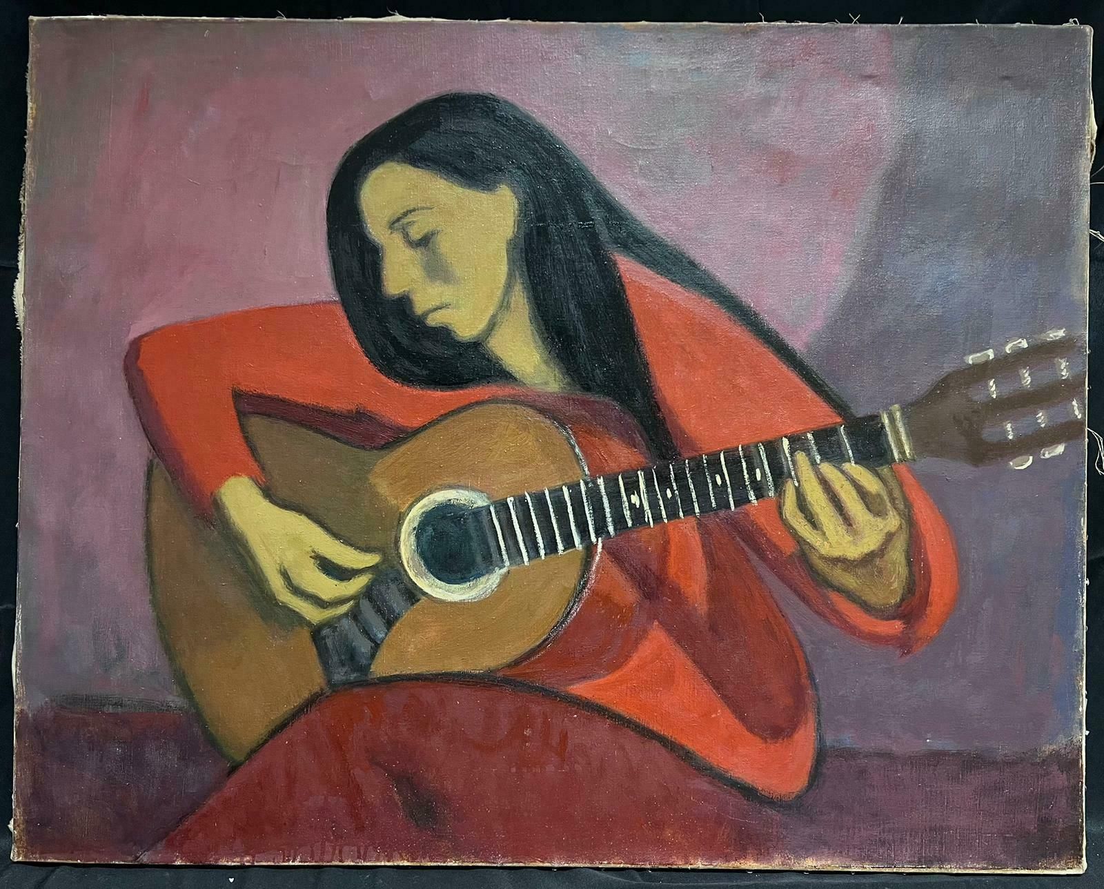 French Schoolhuge 1960's French Modernist Oil Painting Lady Seated Playing Guitar photo furniture