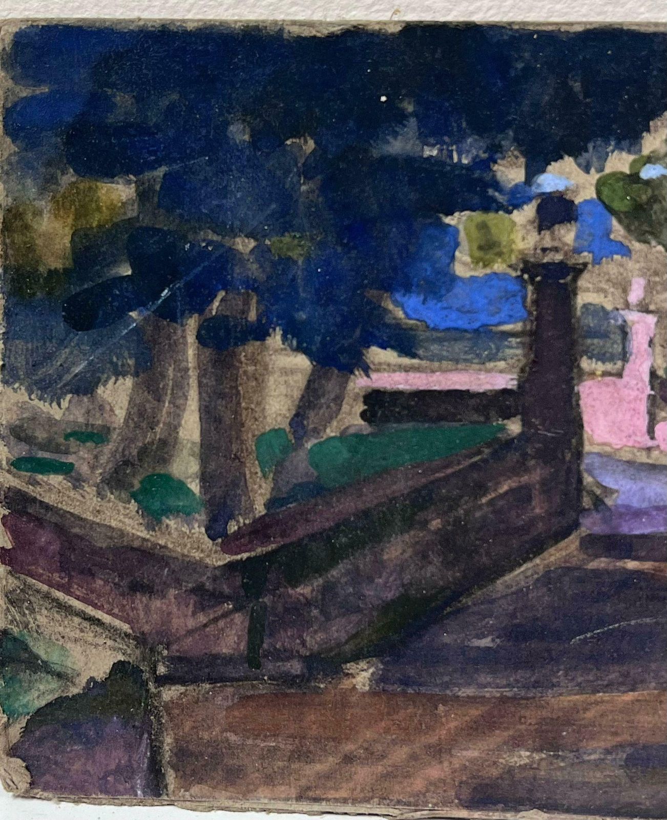 Louise Alixfrench Impressionist Gouache Wide Pink Churchyard Path Landscape1940's photo for sale