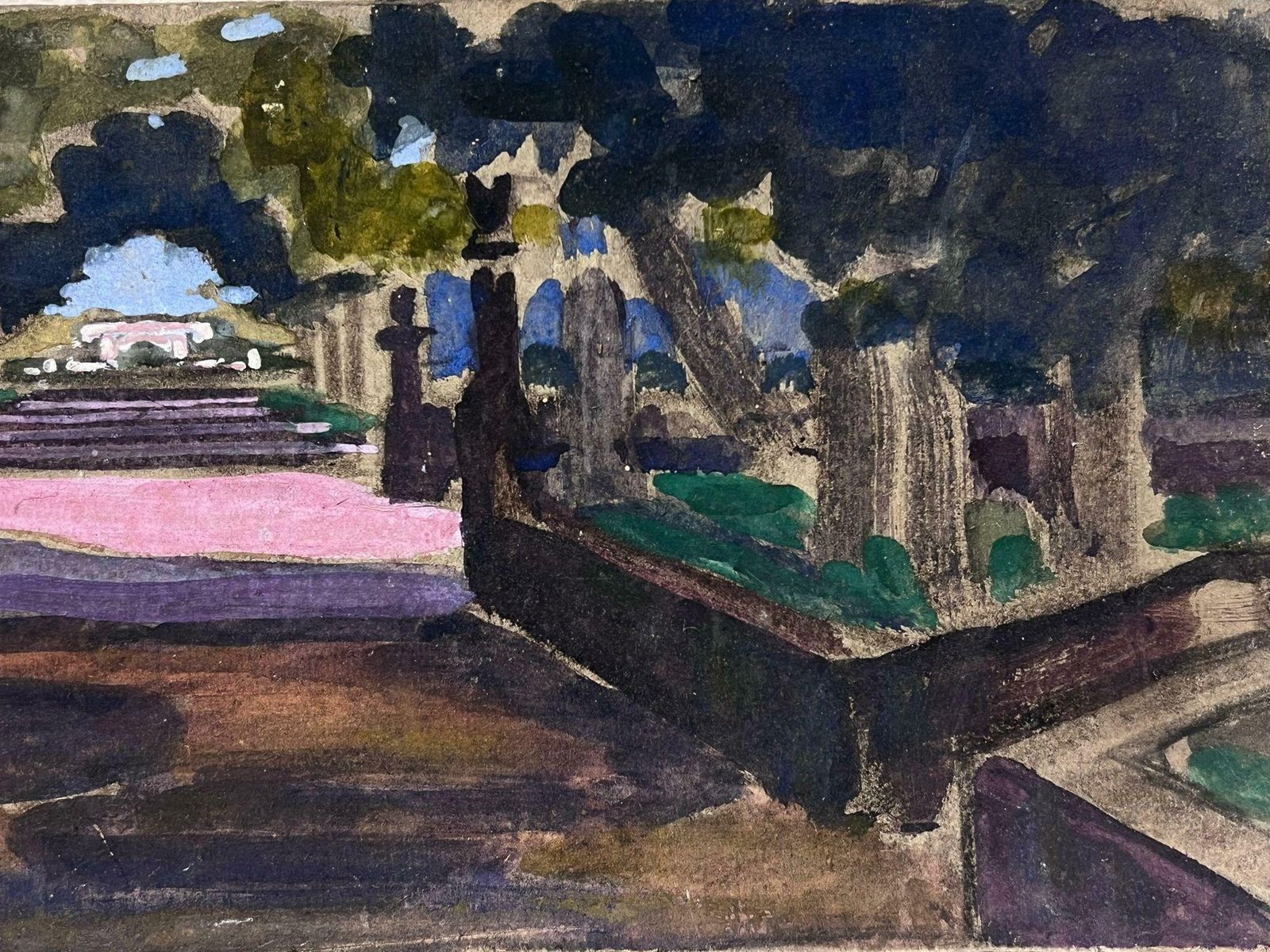 Louise Alixfrench Impressionist Gouache Wide Pink Churchyard Path Landscape1940's photo 1017.0