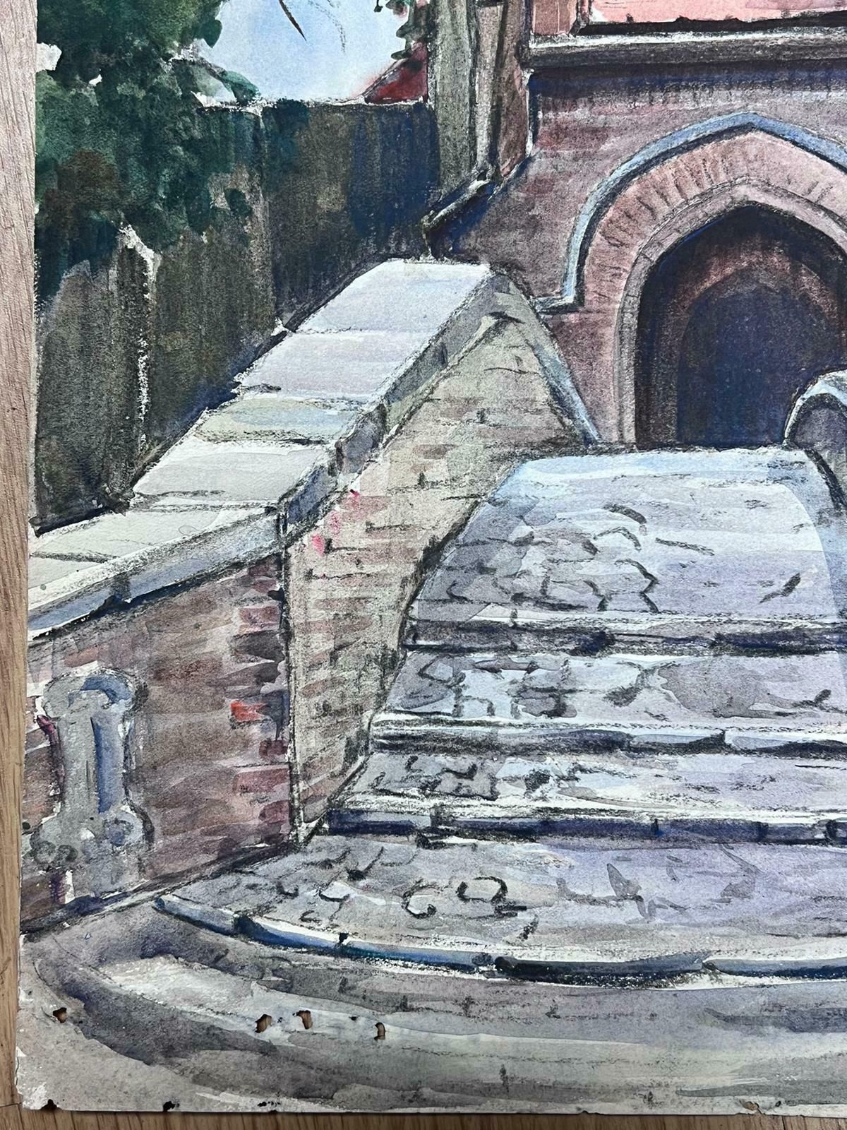 Louise Alixwatercolour French Impressionist Stone Bridge Over To The Church1940's photo for sale