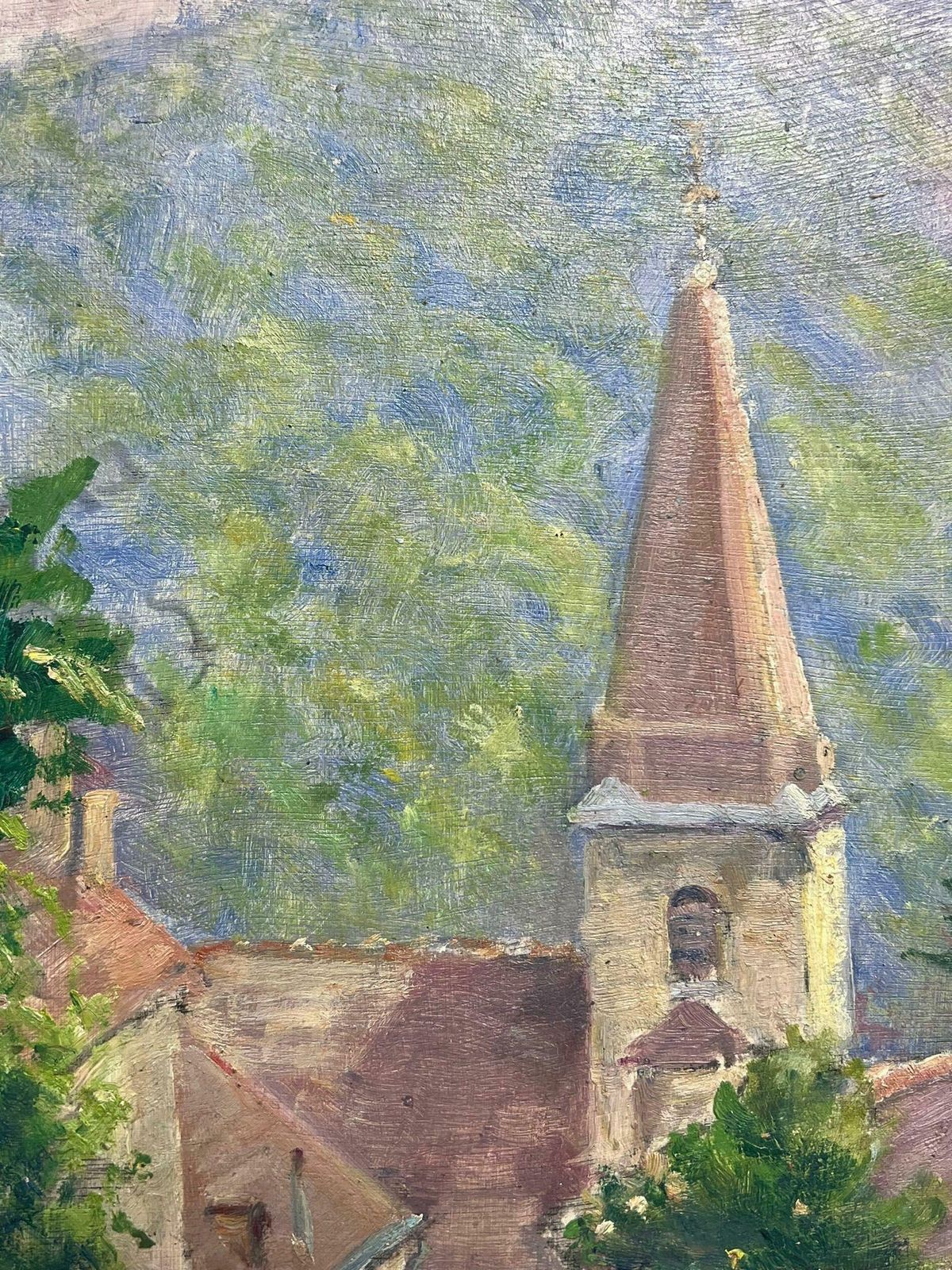 Regine Davidquaint Village With Church Spire Idyllic Oil Painting 1950's photo 375.0