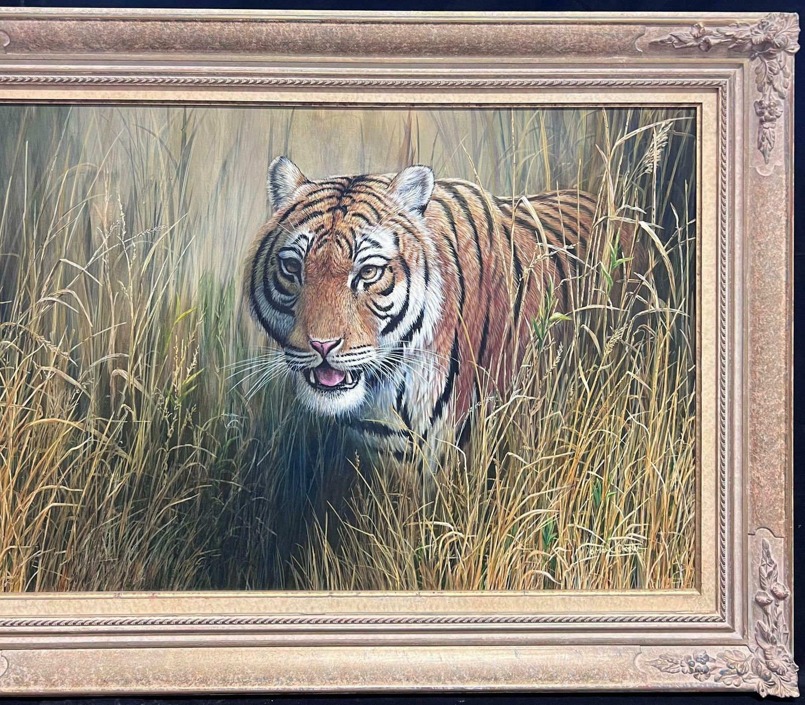 British School Majestic Tiger Tall Grass Realistic Wildlife British Oil Painting Ornate Frame photo for sale
