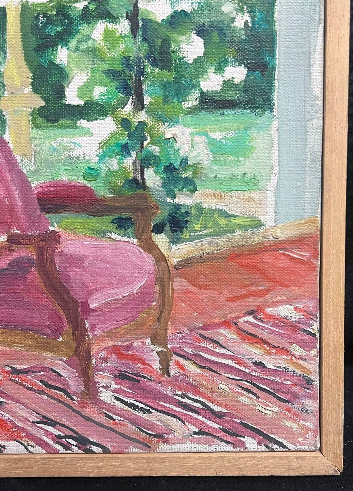 Regine David20th Century French Post Impressionist Oil Pink Chair In Interior Garden Roo1950's photo for sale