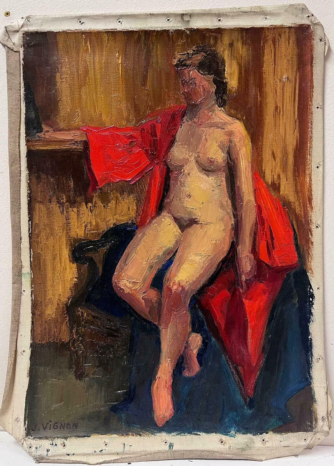 Josine Vignon1950s French Post Impressionist Nude Lady Artists Studio In Red Gown1950s photo furniture