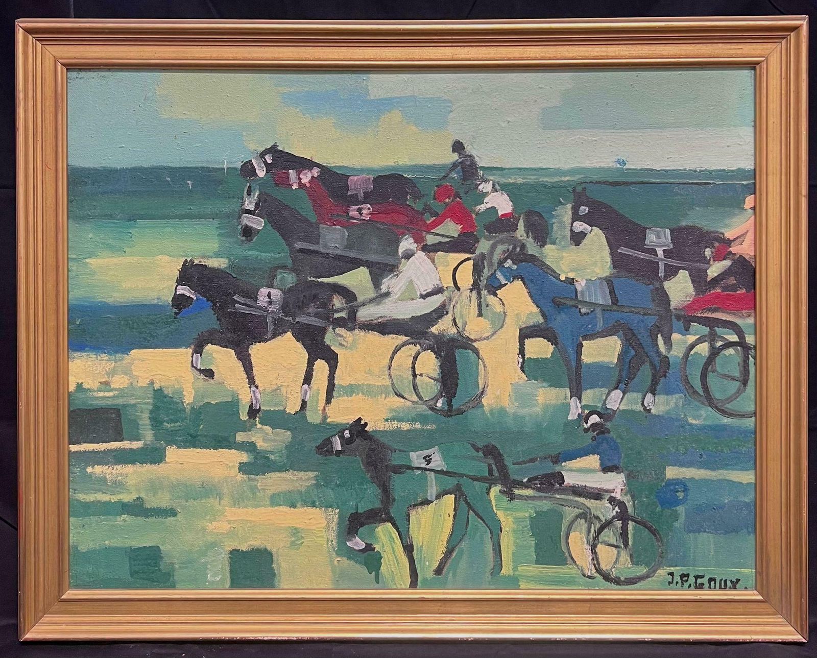 French School1960's French Oil Painting Horse Racing Harness Carriage Driving With Jockeys