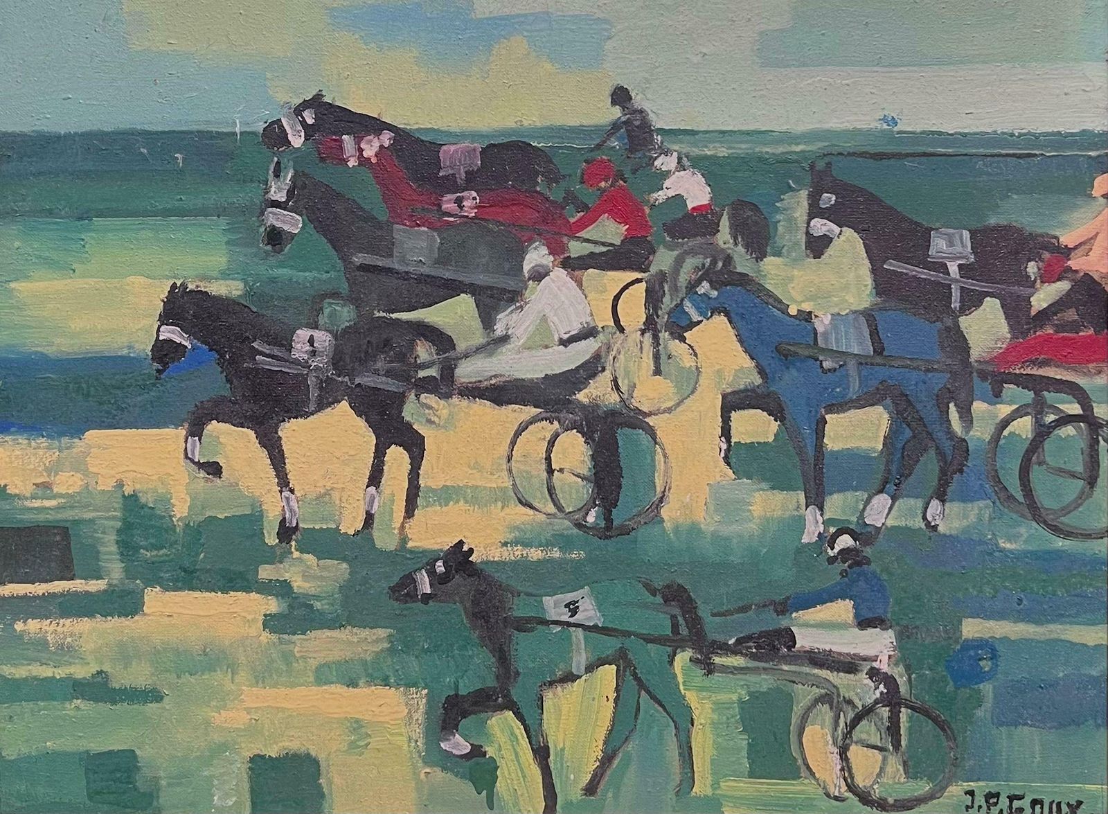 French School1960's French Oil Painting Horse Racing Harness Carriage Driving With Jockeys photo furniture