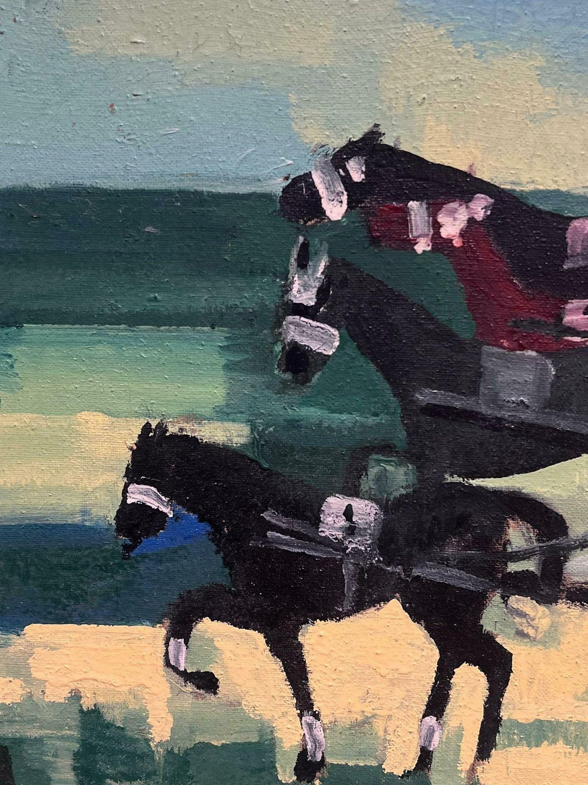 French School1960's French Oil Painting Horse Racing Harness Carriage Driving With Jockeys photo buy