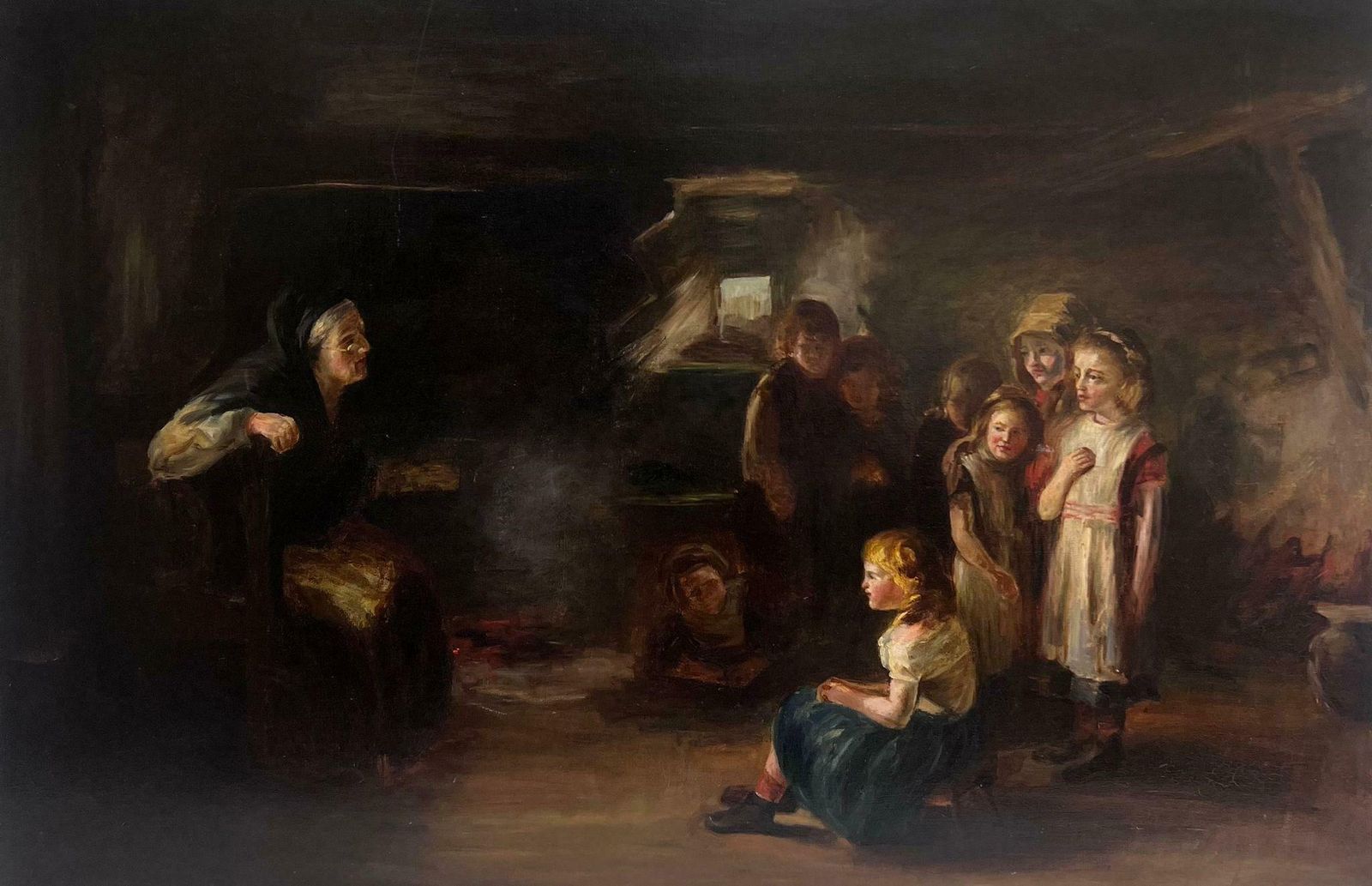 Victorian Englishlarge Victorian English Oil Painting Cottage Interior With Many Children