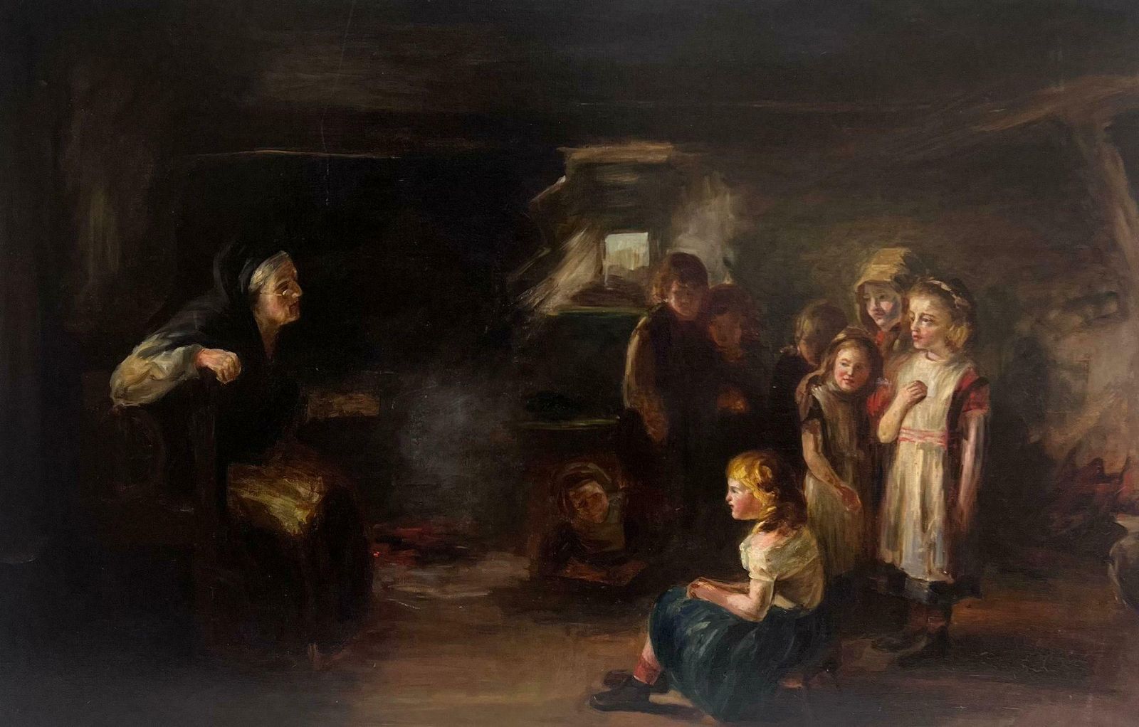 photo furniture Victorian Englishlarge Victorian English Oil Painting Cottage Interior With Many Children