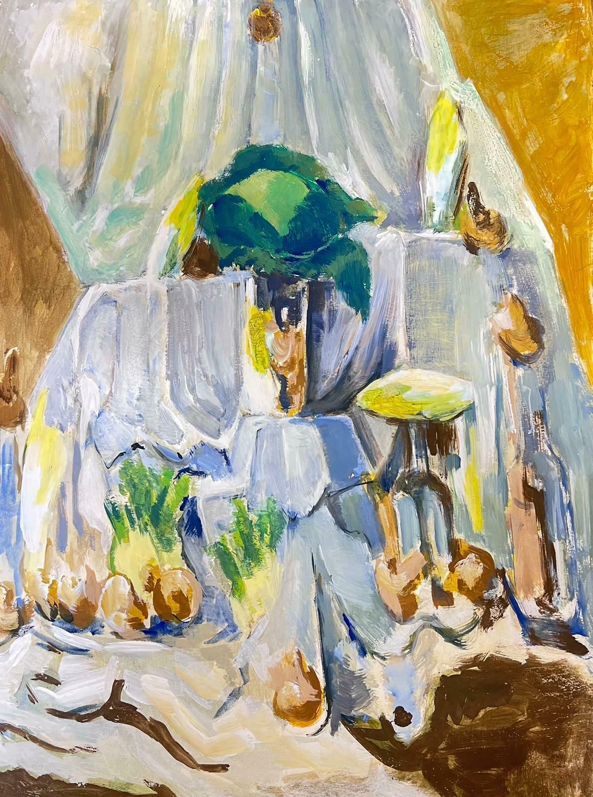 Guy Nicod French 20th Century Modernist Draped Table Cloth Onions Still Life
