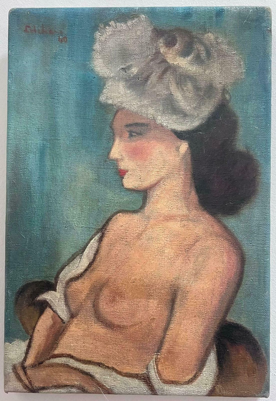 French Modernist1940's French Modernist Signed Oil Painting Portrait Of Nude Lady With Hat1940 photo furniture
