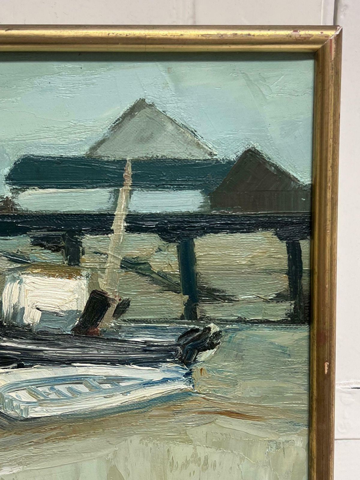 Scandinavian Mid 20th Century1950's Scandinavian Oil Painting On Canvas Moody Atmospheric Beach Jetty photo for sale