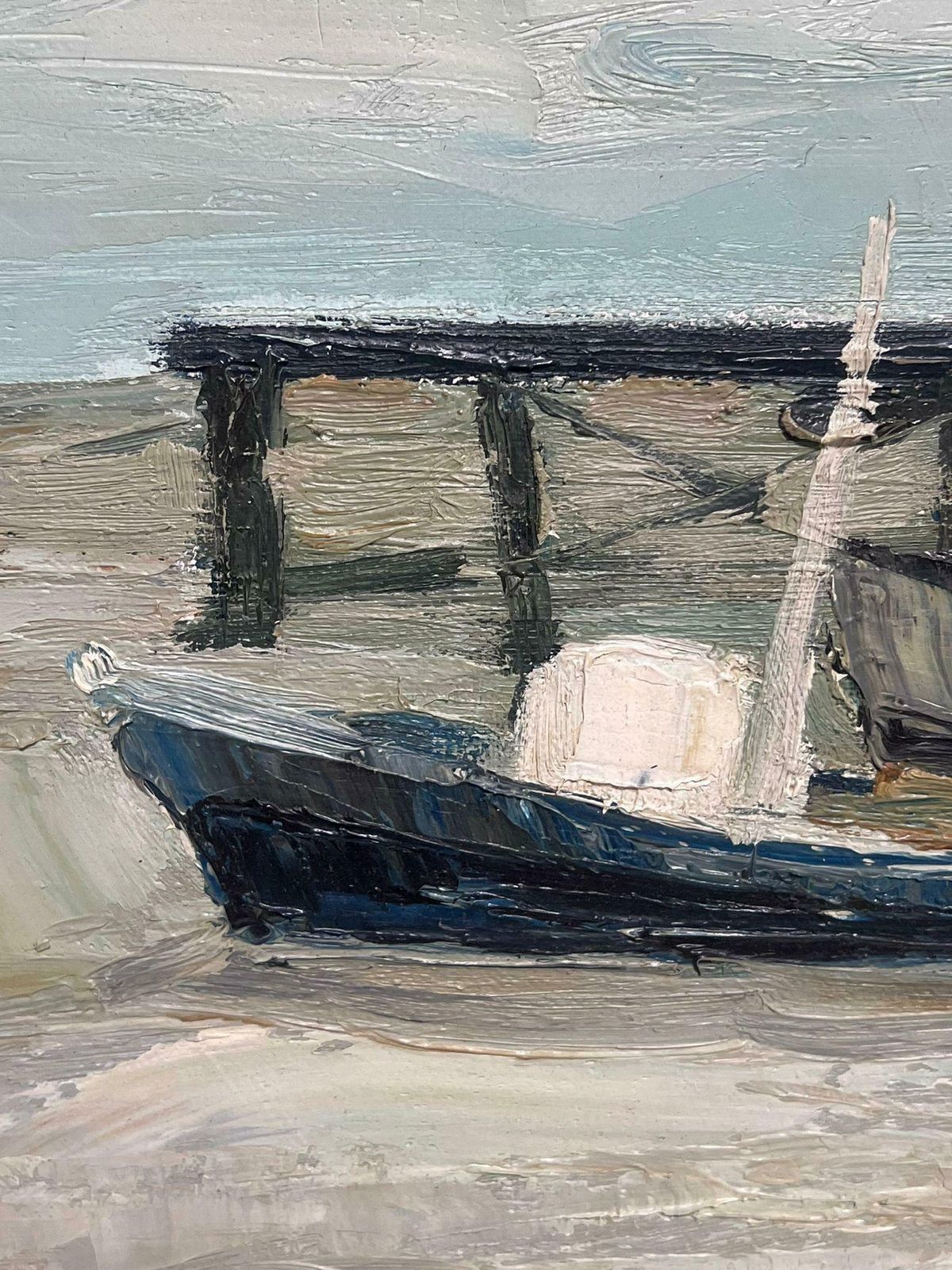 Scandinavian Mid 20th Century1950's Scandinavian Oil Painting On Canvas Moody Atmospheric Beach Jetty photo 1215.0