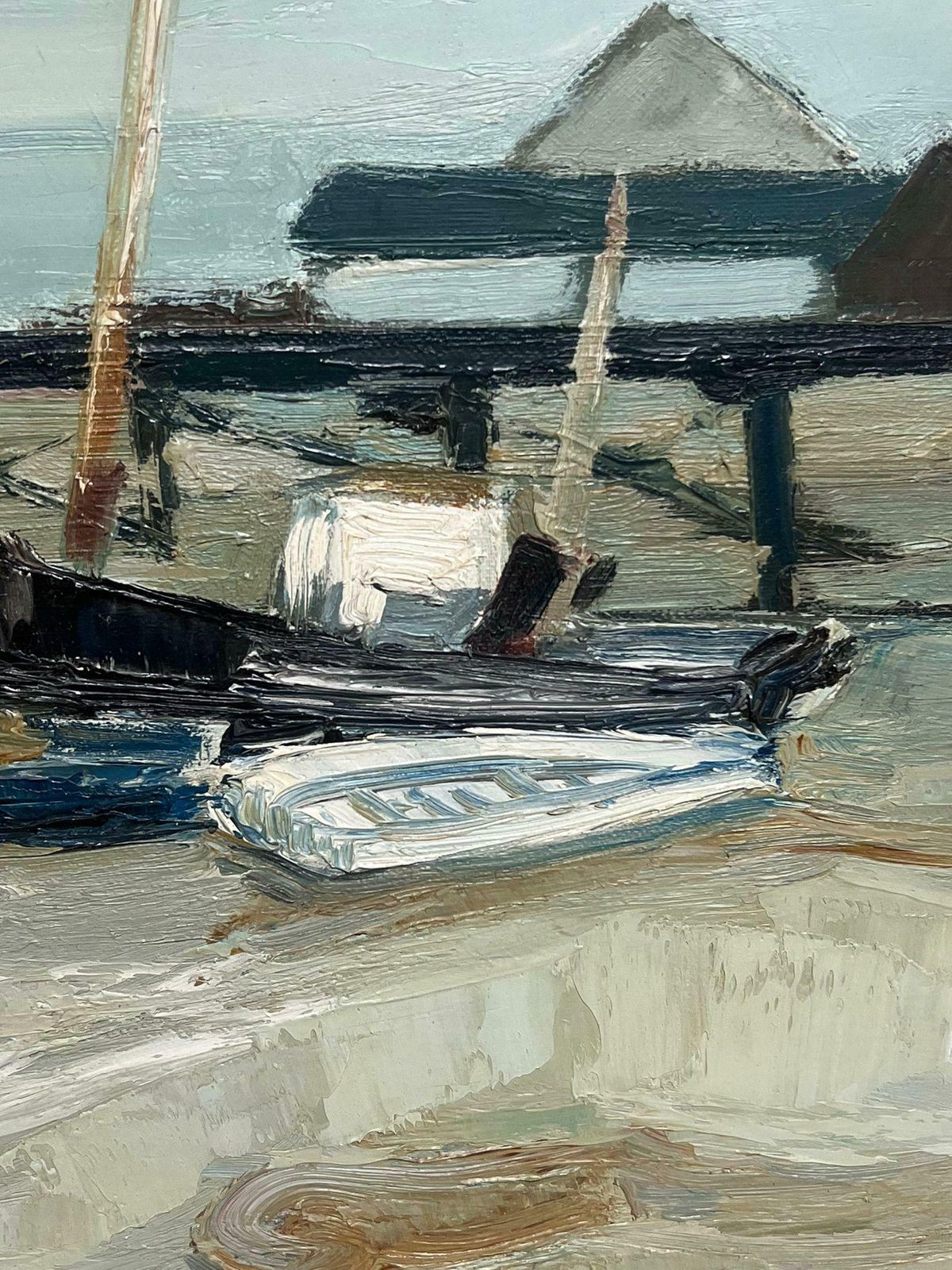 Scandinavian Mid 20th Century1950's Scandinavian Oil Painting On Canvas Moody Atmospheric Beach Jetty photo vinterior