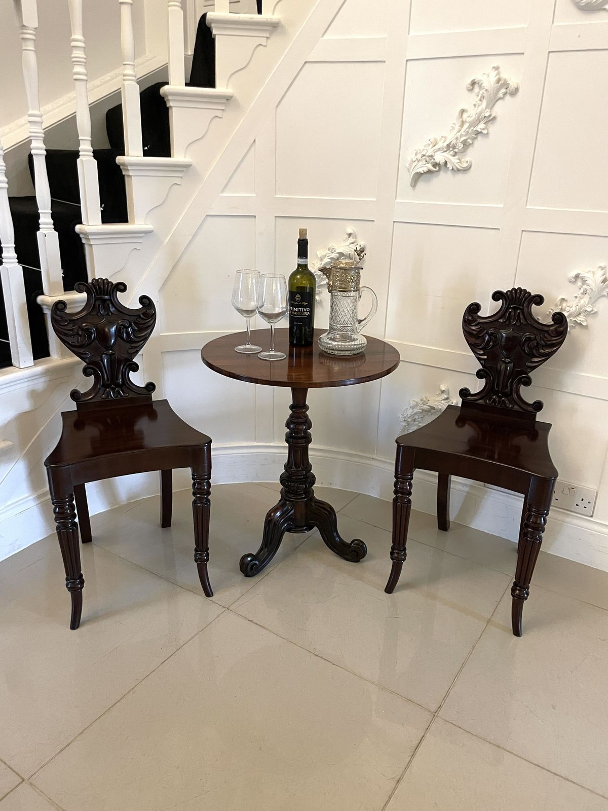 Furniture Outstanding Quality Pair Of Antique 19th Century Carved Mahogany Hall Chairs photo