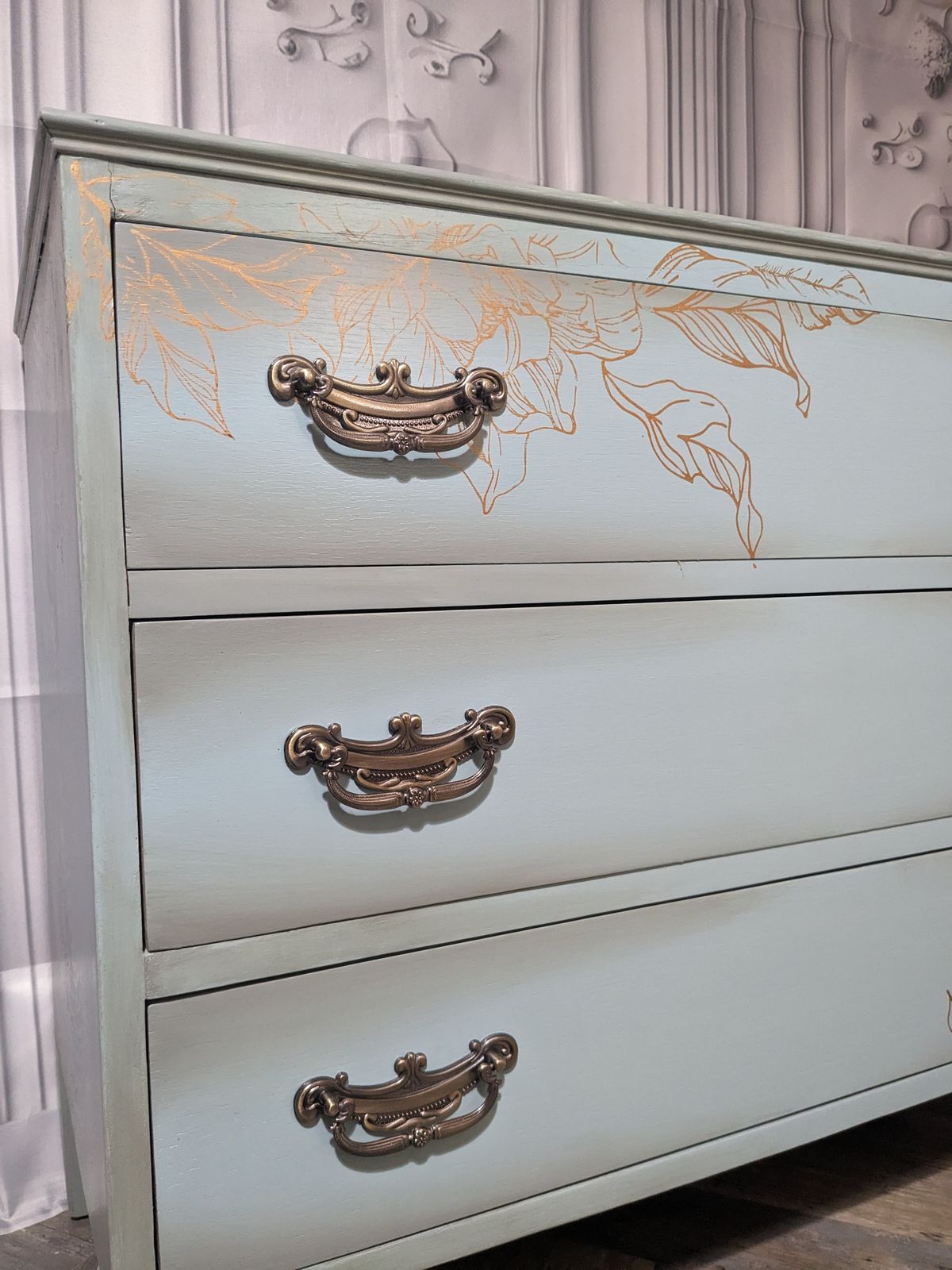 Duck Egg Blue & Gold Vintage Chest Of Drawers photo buy