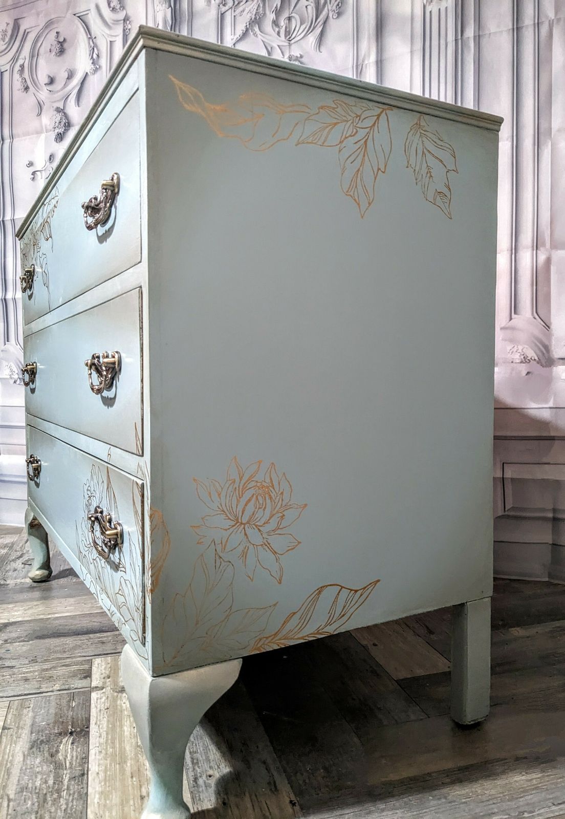Duck Egg Blue & Gold Vintage Chest Of Drawers photo vintage