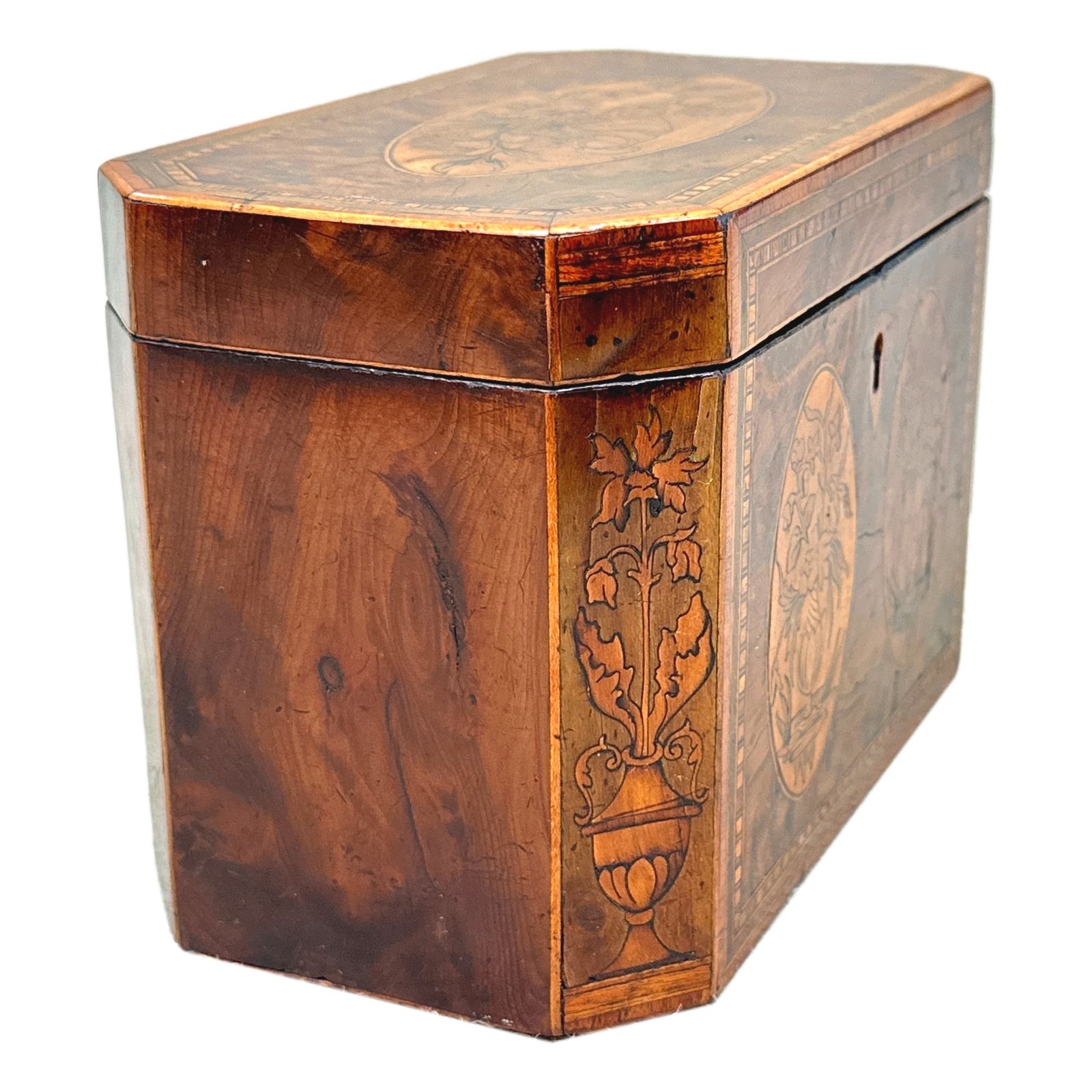 Georgian Yew Tea Caddy With Floral Inlaid Decoration (England, Circa 1780) photo for sale