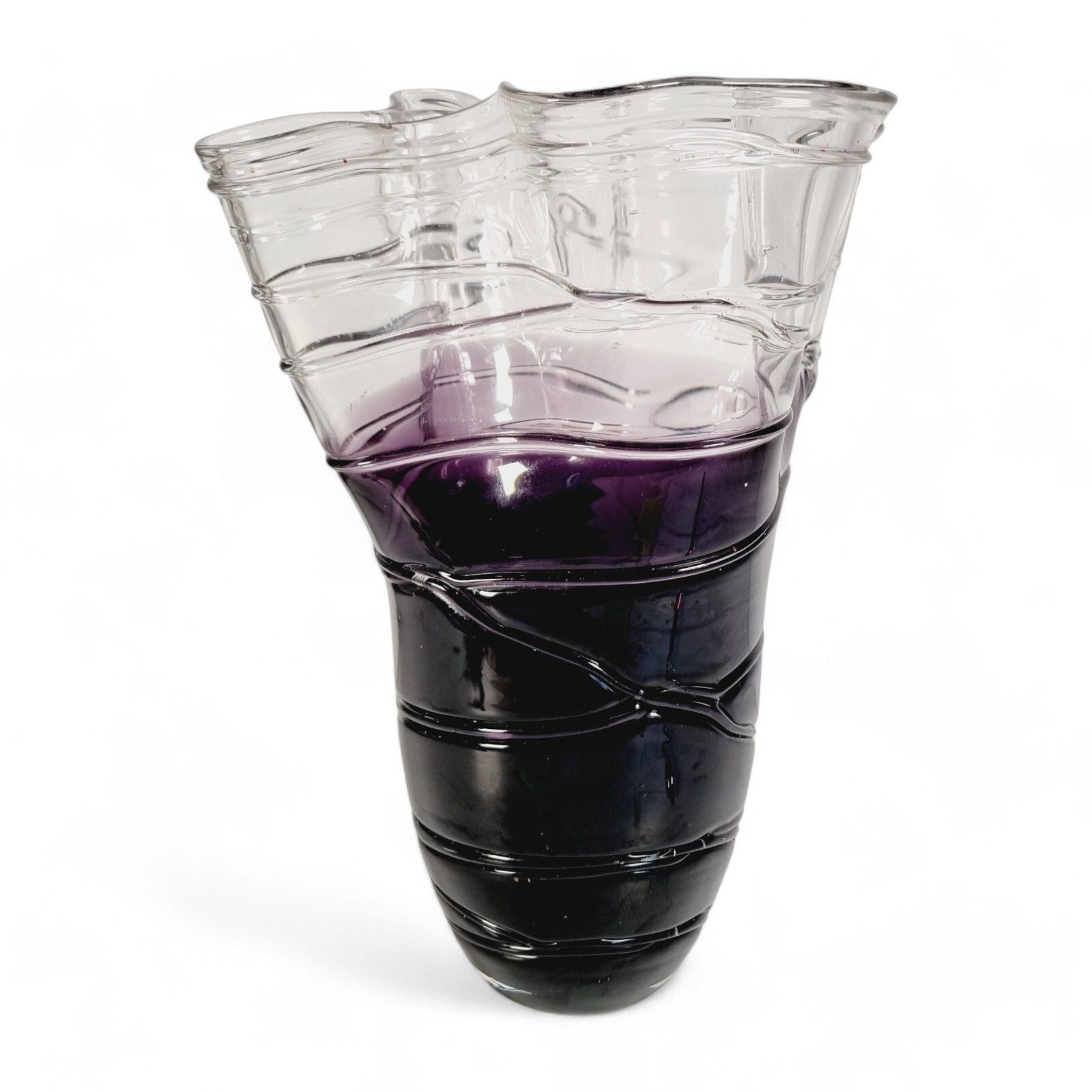 Vintage Glass Vase Art Glass Purple Large Wavey Abstract Art Heavy Vase