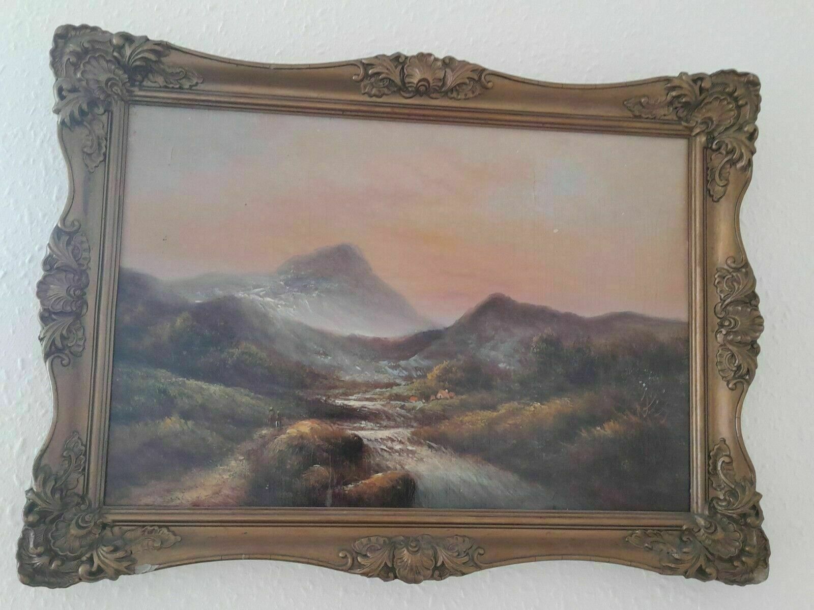 photo for sale Painting Highland Scene Oil On Board 19th Century