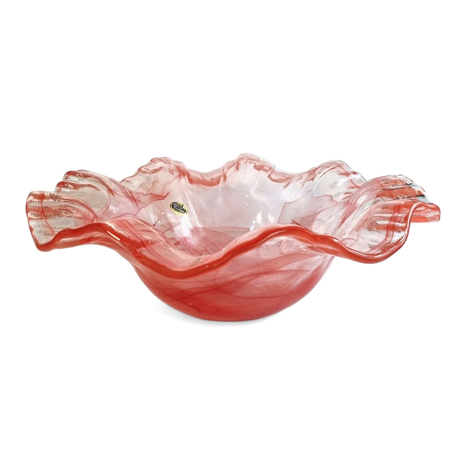 Murano Glass Bowl Salmon Pink Stretched Art Glass Ruffle Pink Glass Bowl Italy