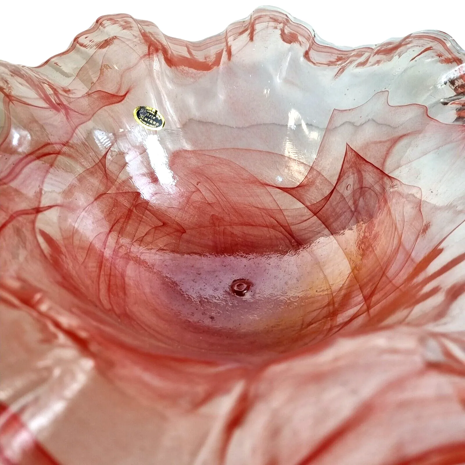 Murano Glass Bowl Salmon Pink Stretched Art Glass Ruffle Pink Glass Bowl Italy photo 53.0