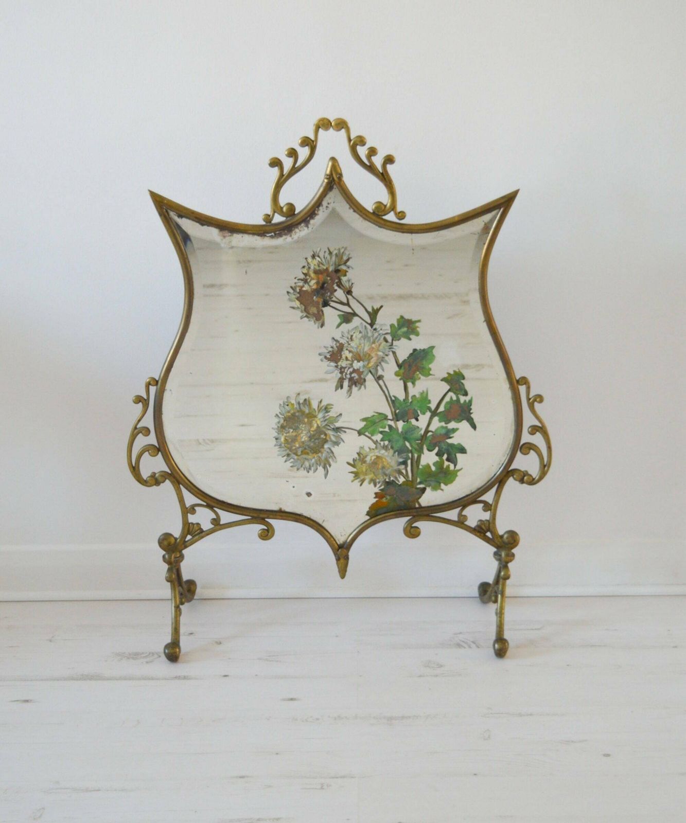 Rare Victorian Brass Mirrored Fire Screen With Hand Painted Flowers On Bevelled Mirror photo furniture