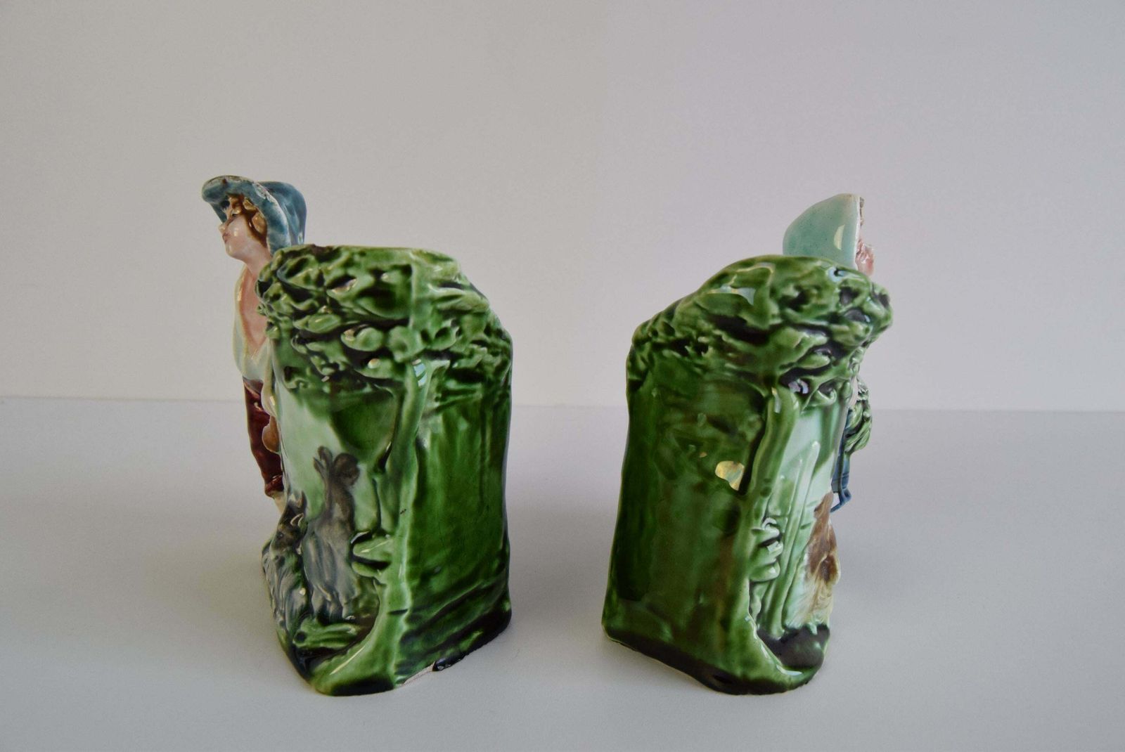 Pair Of Antique Flower Vases, Majolica Signed Hk, Shepherd And Shepherdess photo vinterior