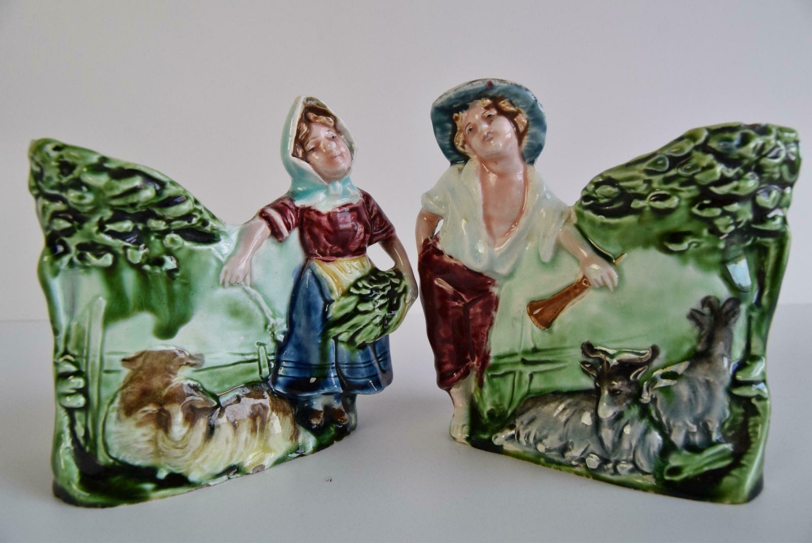 439.0 Pair Of Antique Flower Vases, Majolica Signed Hk, Shepherd And Shepherdess photo