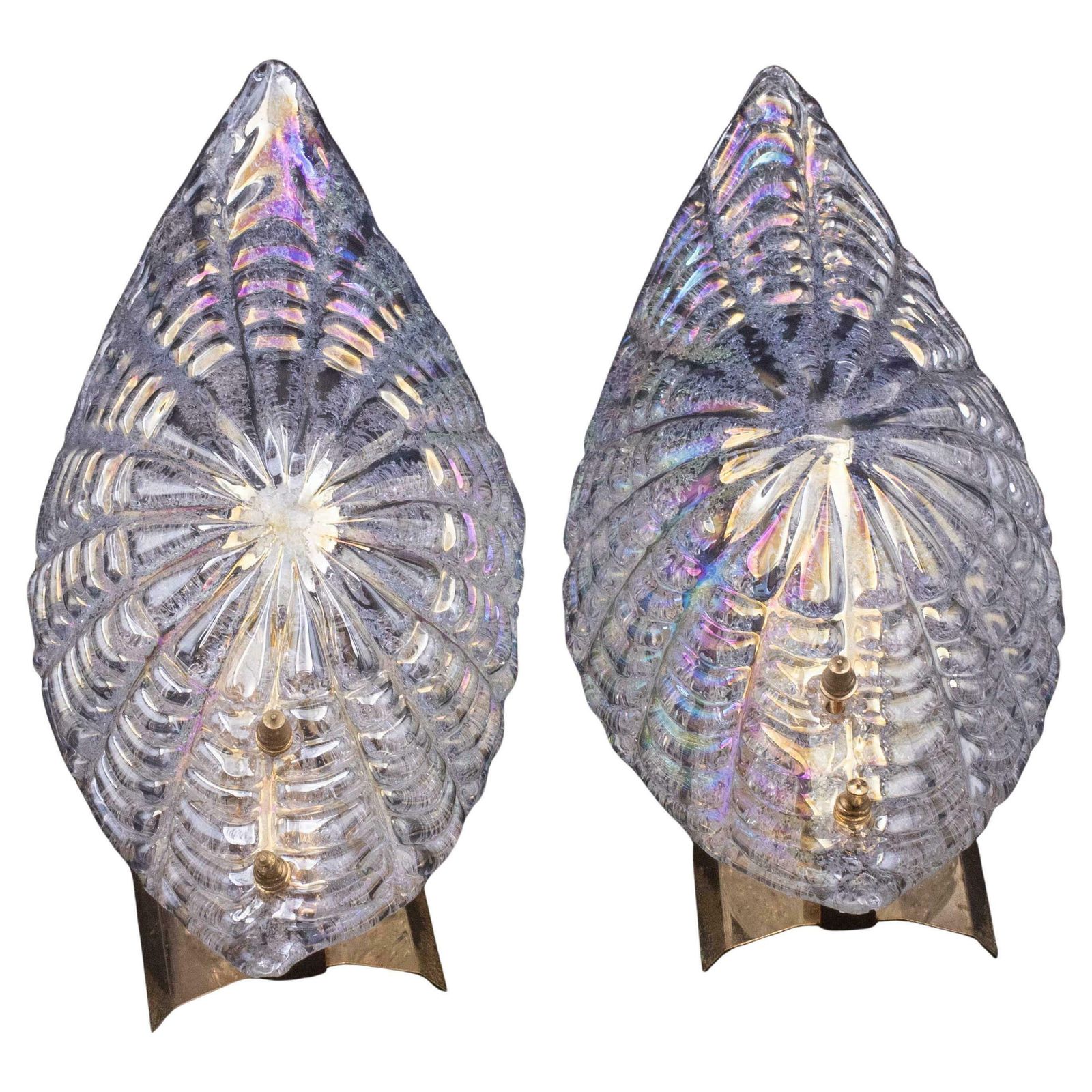 Set Of 2 Bogotà, Wall Light Iridescent Rainbow Colour Murano Glass Leave, 1970s