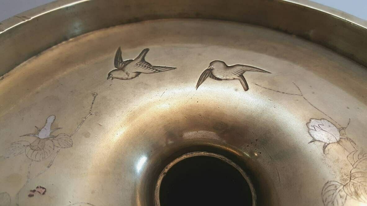 photo for sale Antique Brass Vases, A Heavy Pair Of Japanese Brass Usubata Vases, Inlaid With Silver, Copper & Gold For Ikebana Flower Arranging.